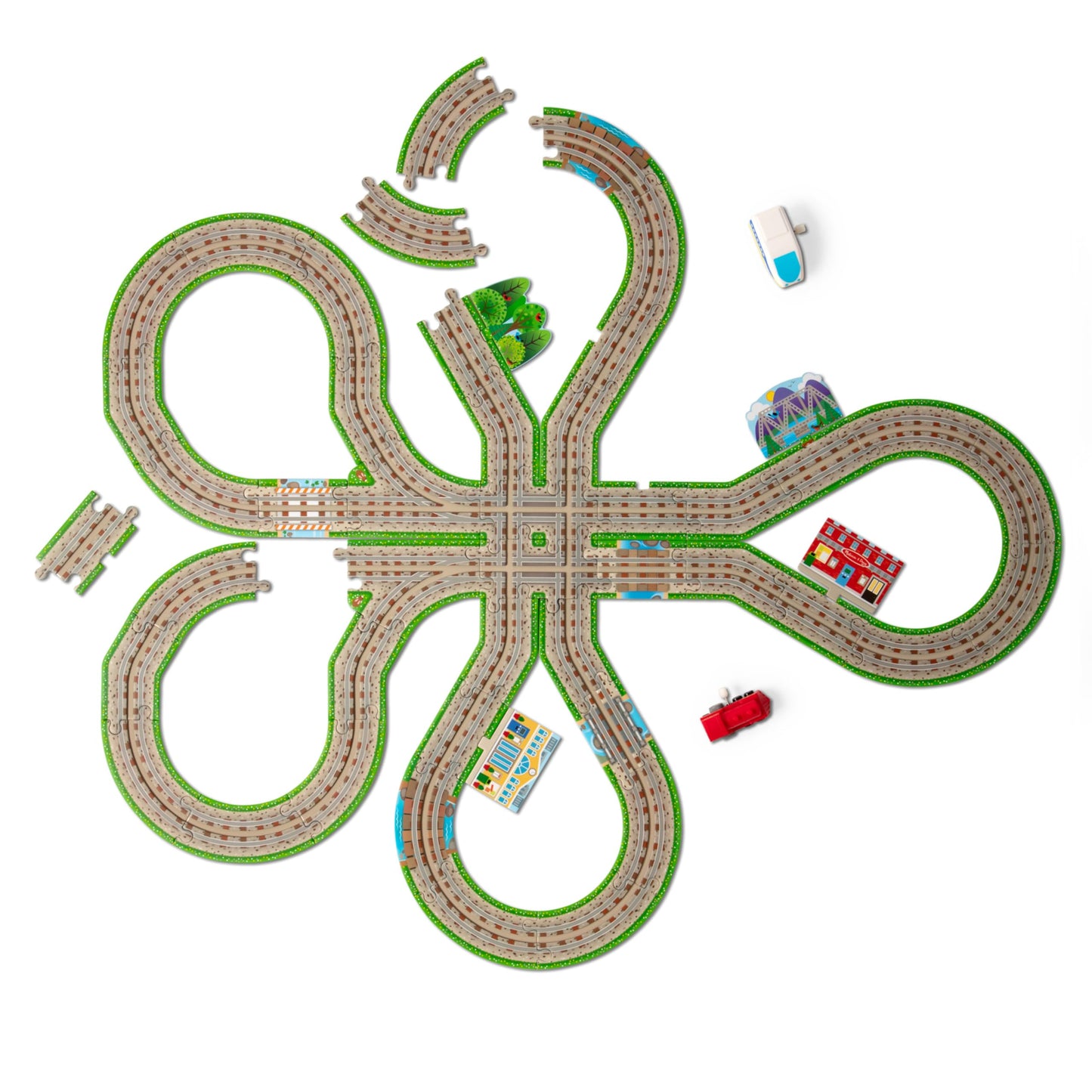 Melissa & Doug Design Your Own Railroad 48-Piece Floor Puzzle with 2 Wind-up Toy Trains and Interchangeable Scenery, Kids Puzzles with Preschool Toys for Girls & Boys Ages 4 and Up - FSC Certified