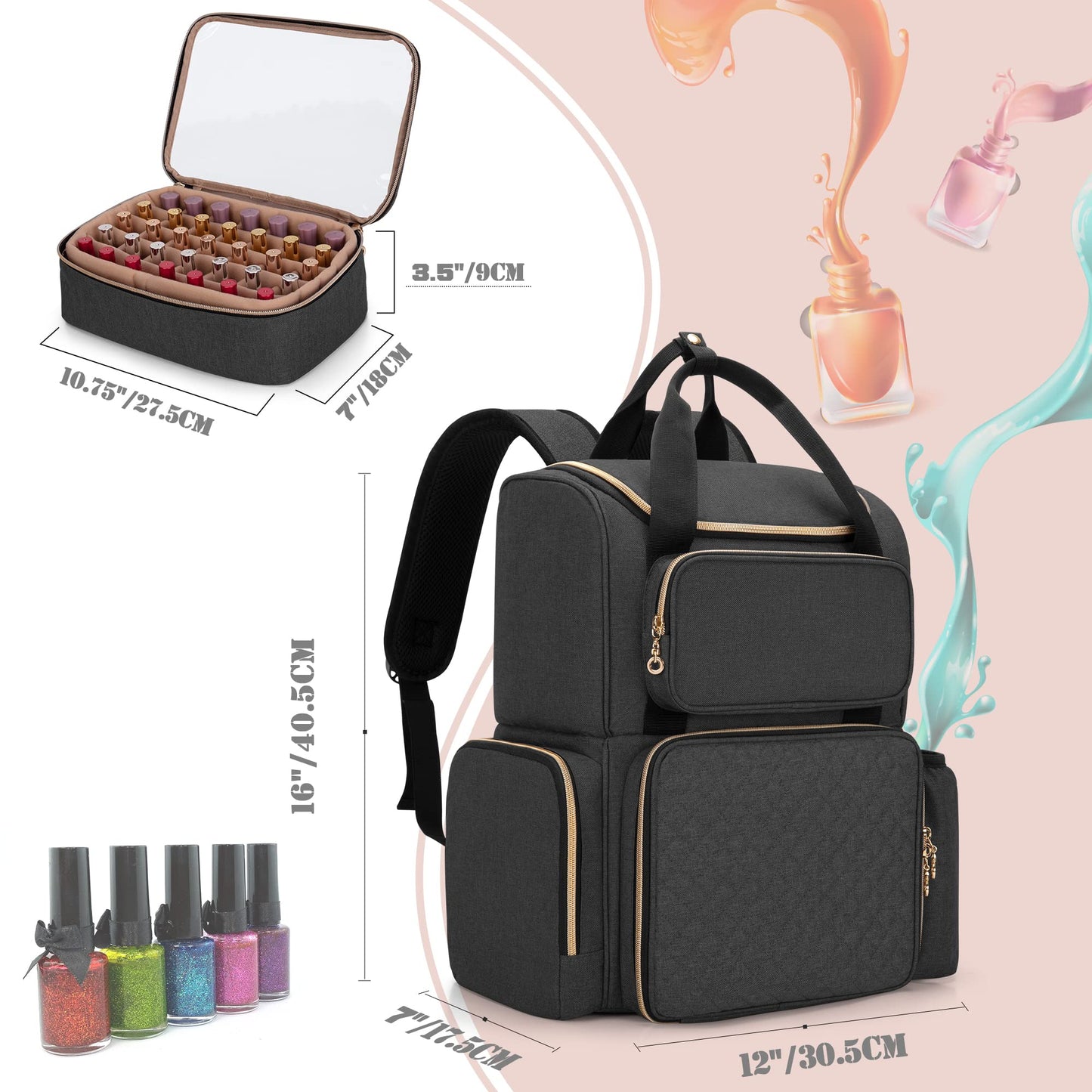 LUXJA Nail Polish Organizer (Backpack Version) Holds 70 Bottles and a Nail Lamp, Travel Nail Polish Bag with 2 Removable Cases and Tools Storage Pockets (Patent Pending), Black