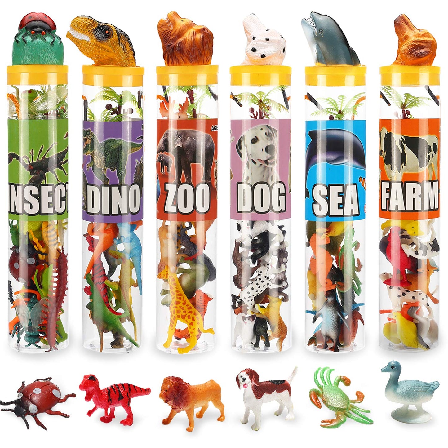 82 Piece Animal Toy, Assorted Mini Dinosaur Insect Ocean Sea Animal Farm Animal Jungle Animal Dog Figure, Realistic Vinyl Plastic Zoo Play Set, Small Toys for Sensory Bin Cupcake Topper Party Favors