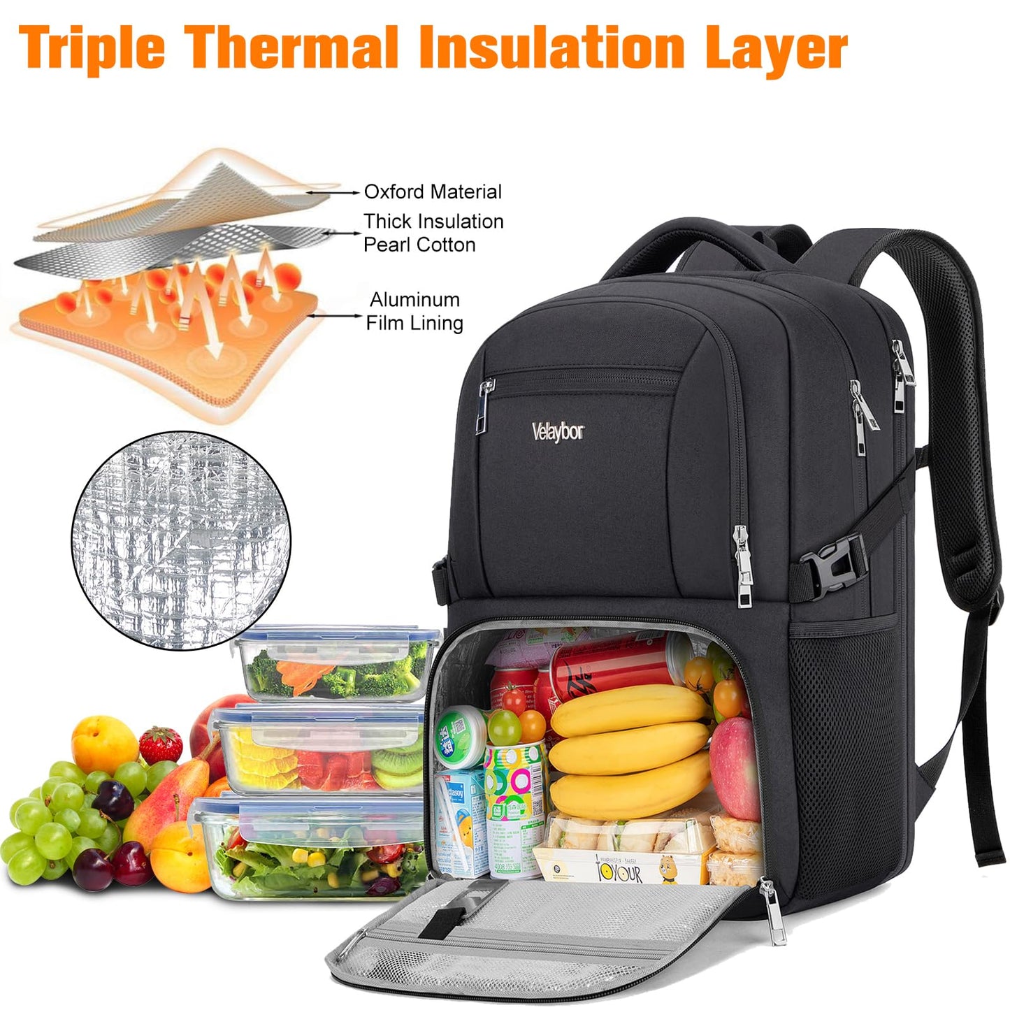 Velaybor Insulated Lunch Backpack Fit 17" Laptop, Work Backpack with Lunch Box for Men & Women, Water Resistant College Computer Bag for Travel, Business, Hiking
