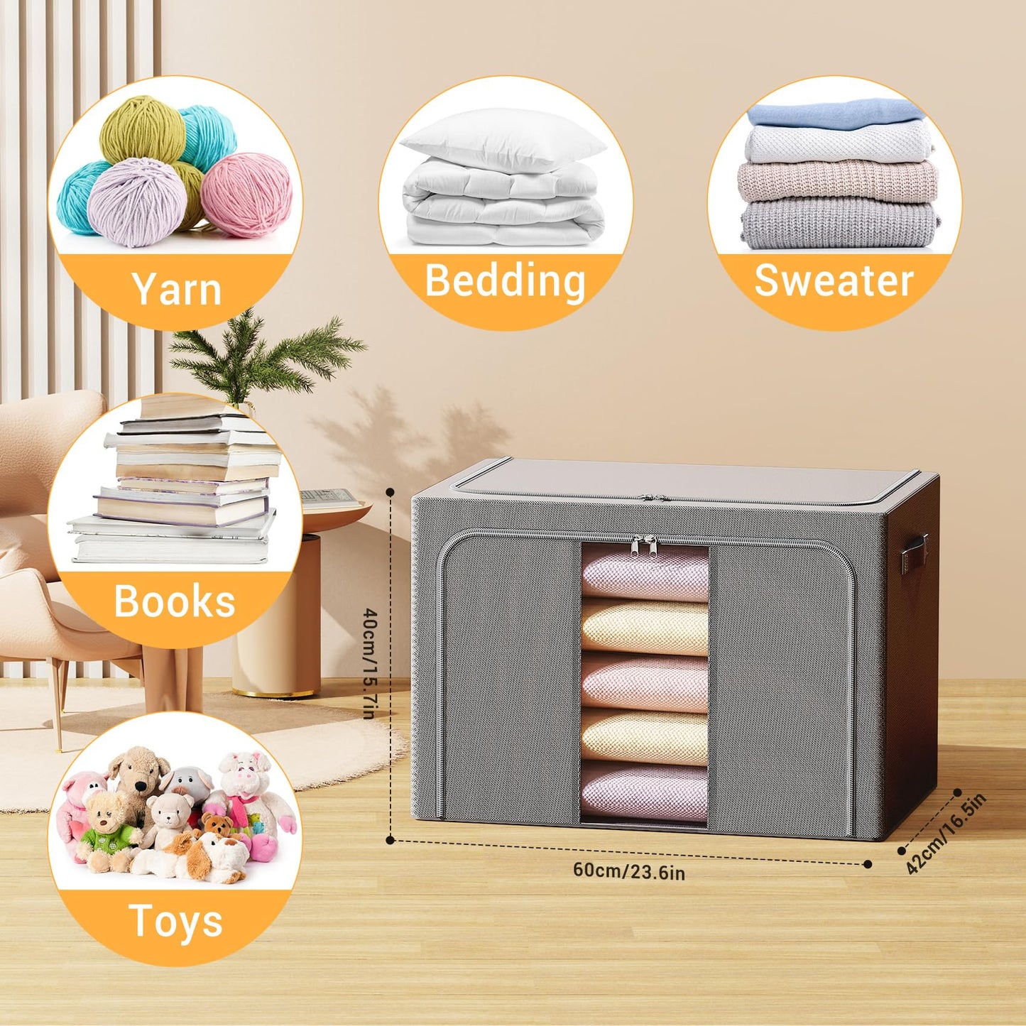 LeArex Clothes Storage Bins with Metal Frame, Foldable Clothes Organizers Storage Containers for Clothes, Sheets, Blankets, Pillows and Towels (100L, 3 Pack, Deep Grey)
