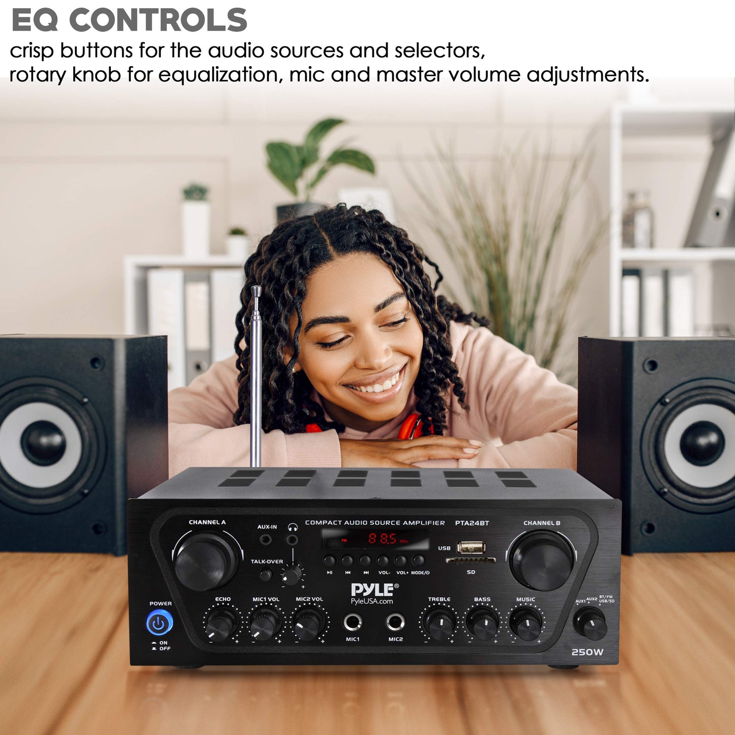 Pyle -Upgraded- 2 Channel Karaoke Home Audio Amplifier w/Bluetooth for Streaming, AUX-in, USB, 2 Microphone Input w/Echo Effect, Talkover for PA, Compact Footprint, Black
