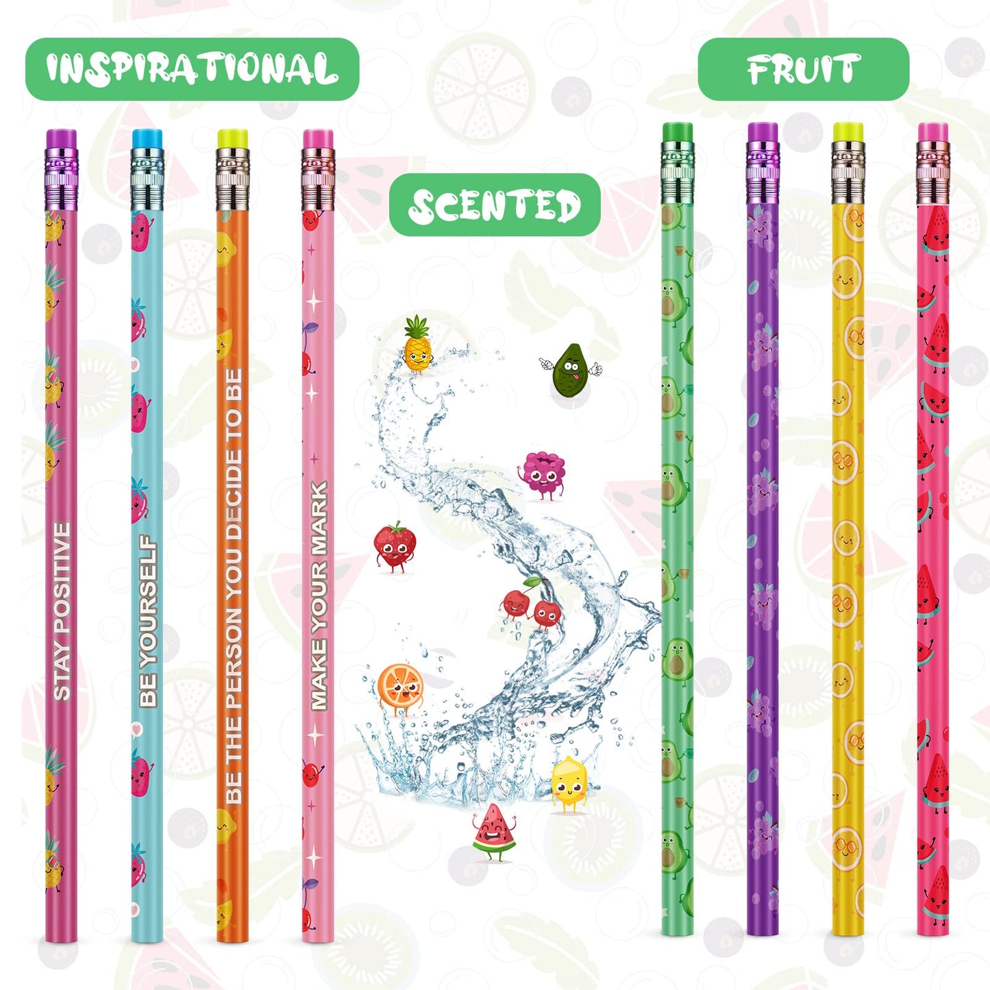 Leinuosen 300 Pcs Scented Pencils Bulk for Kids Inspirational Cute Fun Wood Pencils with Erasers Fruit Elements for School Classroom Office Students