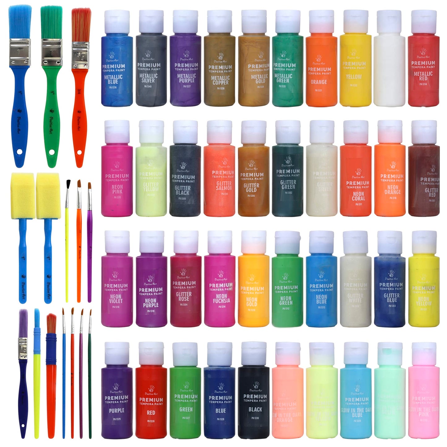 Kids Tempera Paint Set | Value Pack Includes 40 Washable Non-Toxic Colorful Paints (2oz bottles) & 15 Brushes | Metallic, Neon, Glow In The Dark, Glitter Paints | Hand, Finger Paints | Paint For Arts & Crafts, Fun Projects