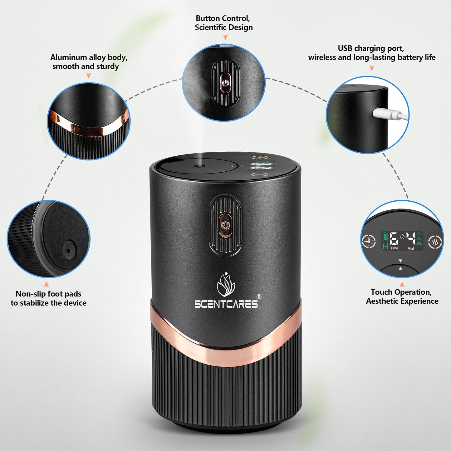 Waterless Diffuser for Essential Oil, Waterless Diffuser - Car Diffuser with Warm LED, Automatic Power-Off, Multifunction 4 Cold Mist & Timer 1/2/4/6H