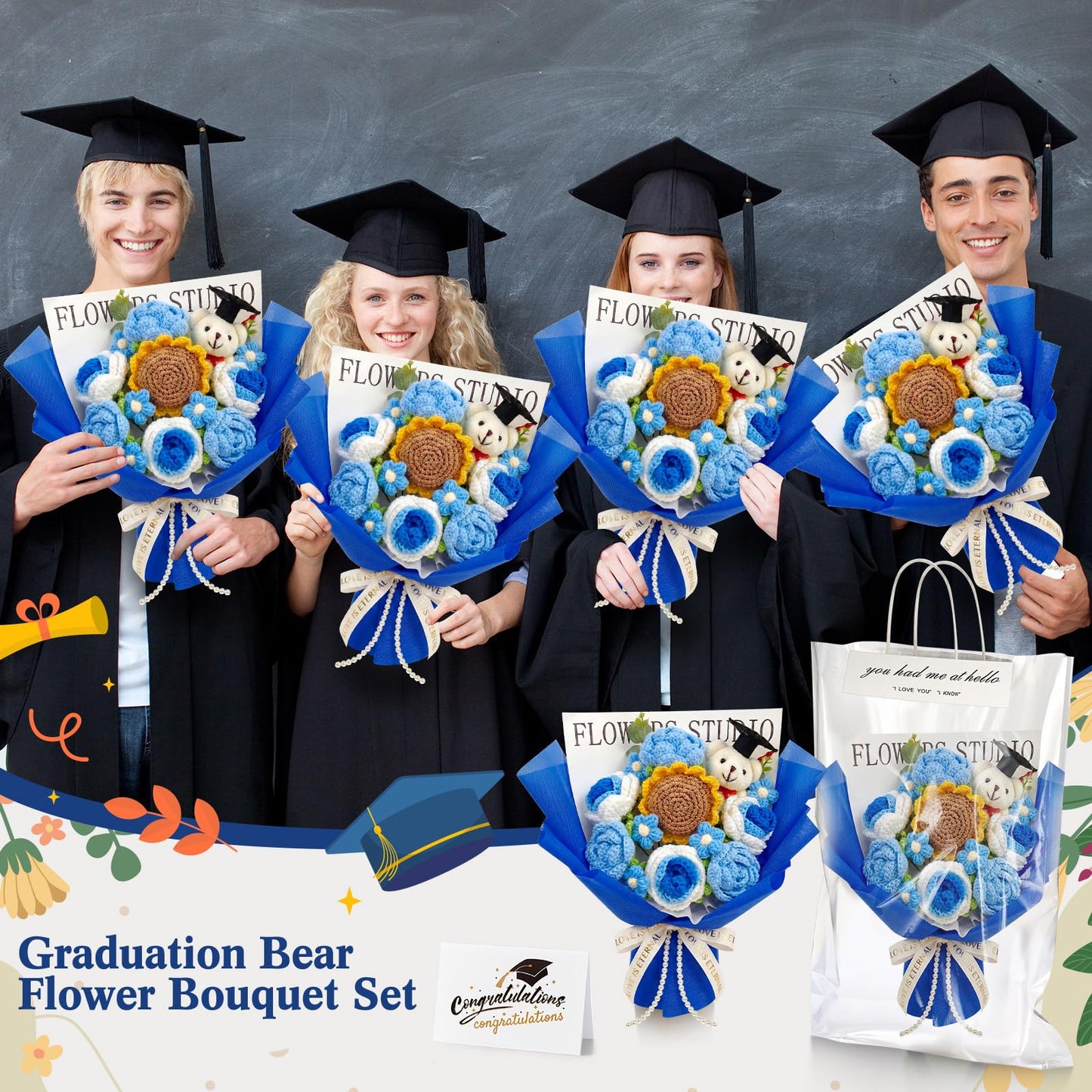 Giegxin Large Graduation Bear Flower Bouquet Set Crochet Graduation Bouquet Gift 2026 Handmade Sunflower Rose Greeting Card Gift Bag for Birthday Teacher Appreciation Grad Party Favor Supplies(Blue)