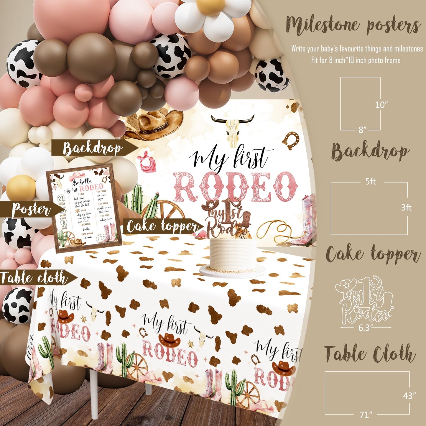 My 1st Rodeo Birthday Decorations Girl, Western Cowgirl First Birthday Party Supplies, Cowgirl Balloon Arch, Backdrop, High Chair Banner, ONE Box, Tablecloth for Girls 1 Year Old Party
