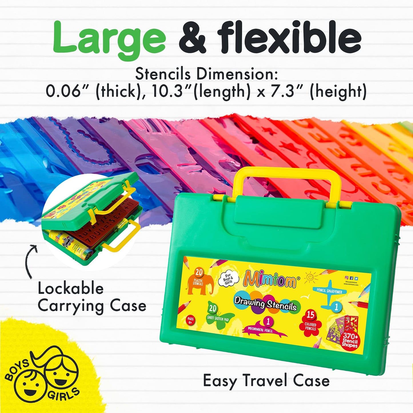 Mimtom Drawing Stencils Kit for Kids | 20 PC Stencil Set with 370+ Shapes Animals, Dinosaurs, Flowers, Letters & Numbers | 15 Colored Pencils, Pencil Sharpener, Sketch Pad & Carrying Case