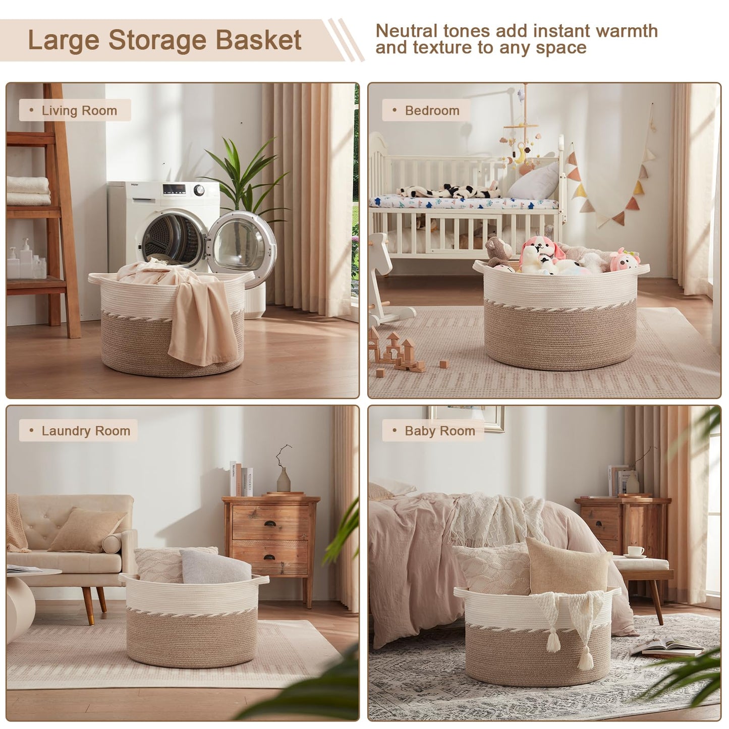 OIAHOMY 125L Extra Large Blanket Basket, 25" x 16", Jumbo Laundry Hamper, Cotton Rope Basket with Handles for Living Room,Baby Toy Storage Bins, Brown
