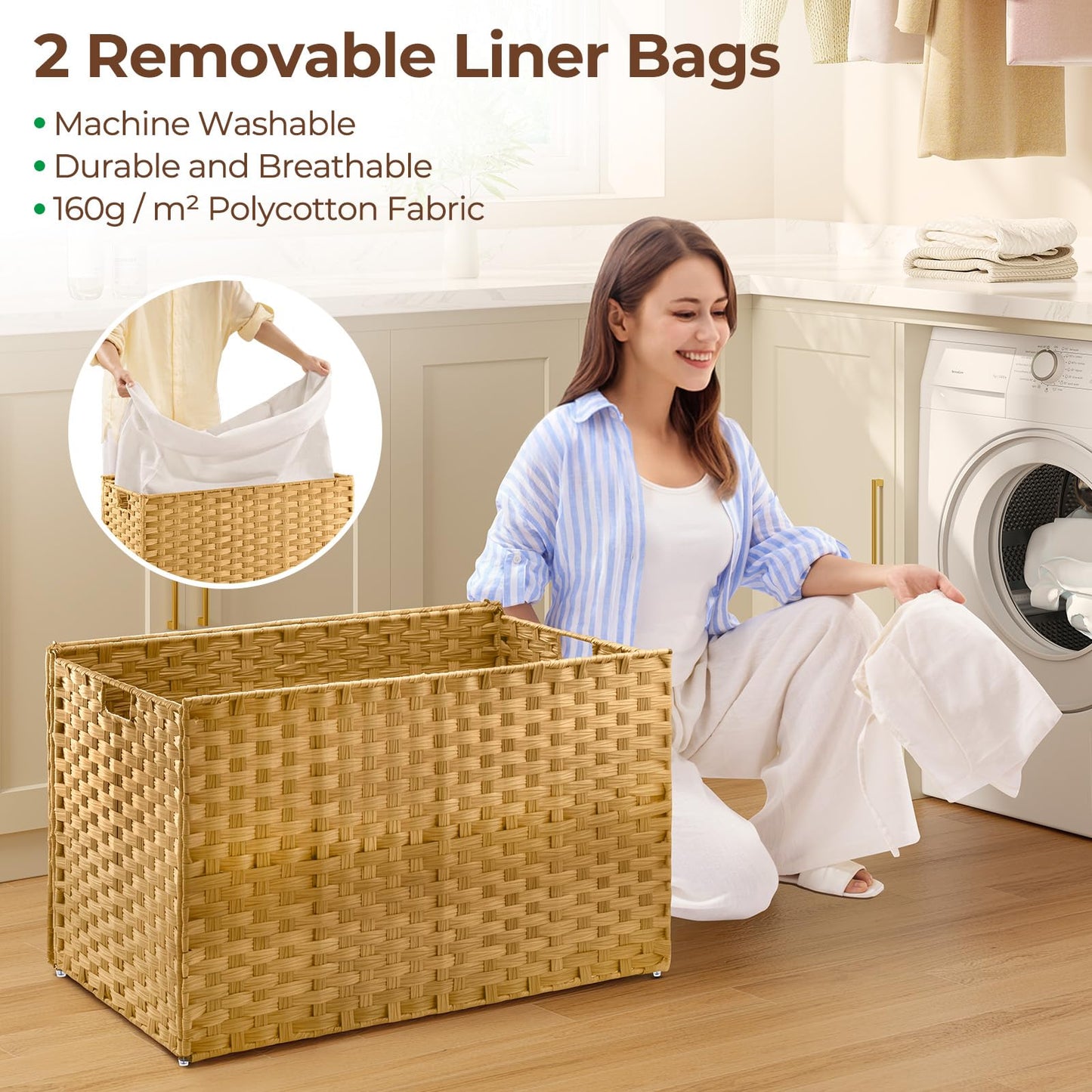 GREENSTELL Storage Basket with Lid, 42.3 Gallon(160L) Lagre Wicker Blanket Storage Basket with Handles, Foldable, 2 Removable Liner Bags, Metal Frame, for Bedroom, Laundry Room, Brown,30"*18.1"*18.1"
