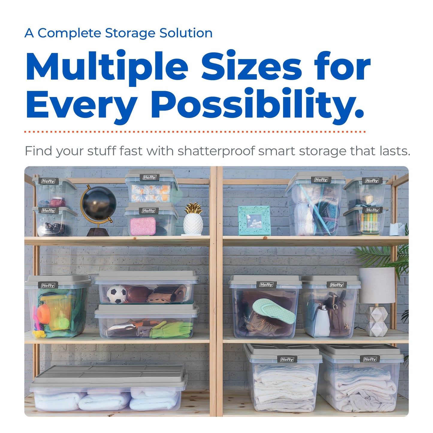 Hefty 32 Qt Hi-Rise Storage Bin with Lid, Stackable Plastic Storage Container, Organizer for Home, Garage & Closet, 6 Pack, Gray