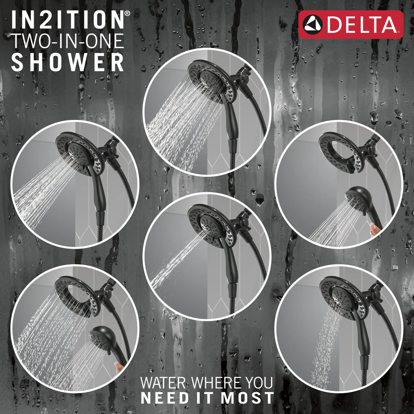 Delta 4-Setting In2ition 2-in-1 Dual Shower Head with HandHeld Spray, Matte Black Detachable Shower Head with Hose, Showerhead, 1.75 GPM Flow Rate, Matte Black 75486CBL