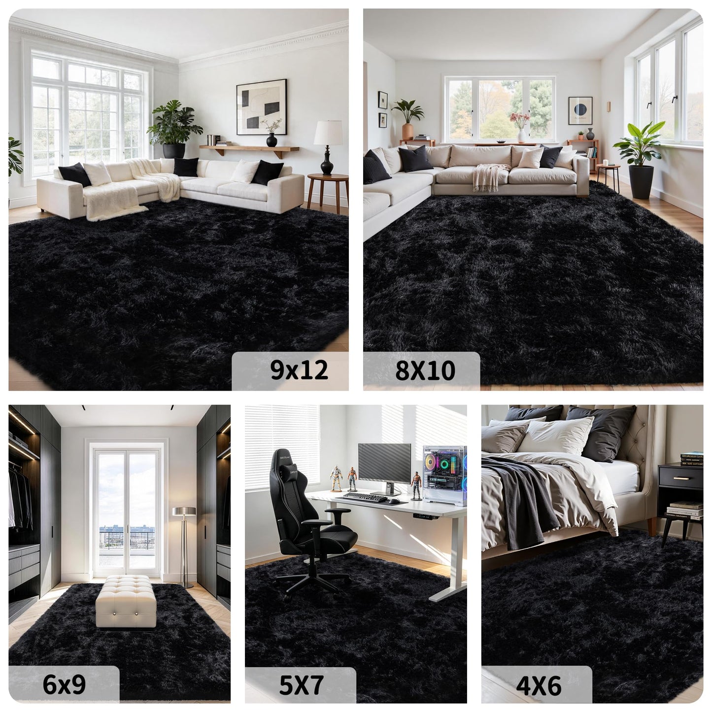5x7 Area Rug for Living Room:Ultra Soft Fluffy Shag Black Rugs,Large Fuzzy Plush Indoor Non Slip Carpet Washable Rug for Bedroom Kids Nursery Office Dorm Modern Decor(Black 5'x7')