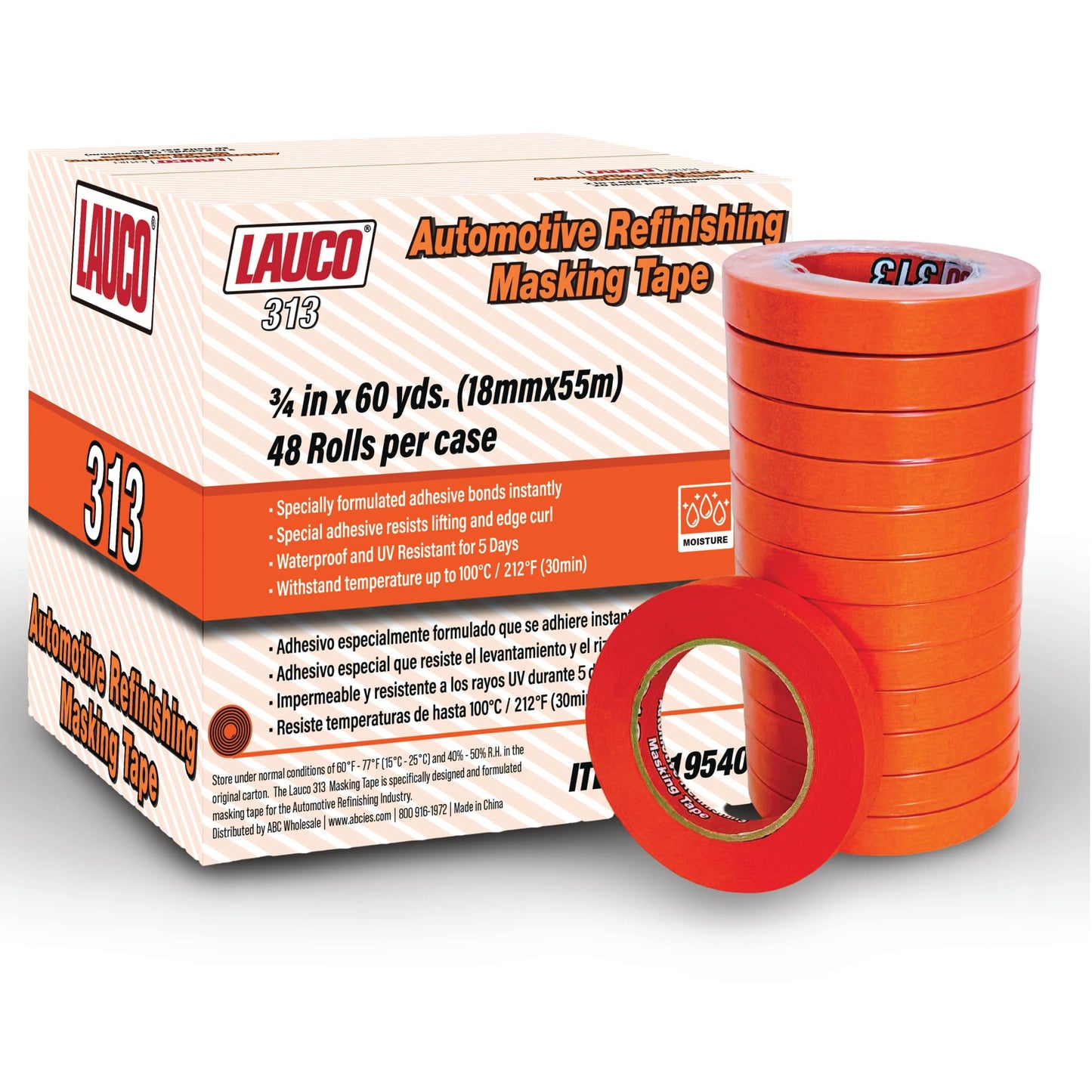 LAUCO Orange Automotive Refinishing Masking Tape, Autobody Painters Tape, 0.75 in. X 60 Yd. 48 Rolls, Moisture, UV and Heat Resistant, Multi-Purpose Masking Tape, No Residue, Painters Tape Bulk