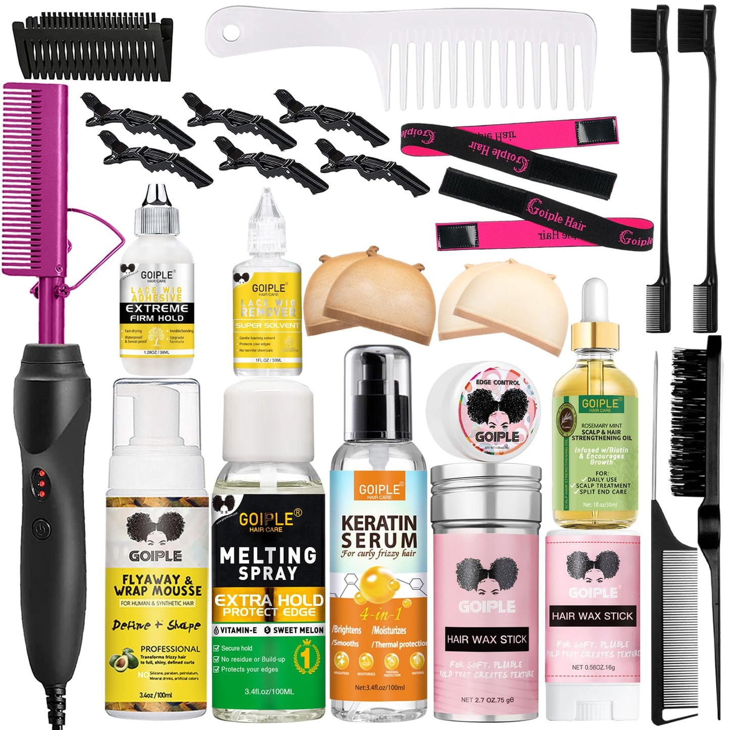 Goiple Hot Comb Straightener for Wigs and Natural Hair - Ceramic Electric Hair Straightening Comb, Curling Iron & Pressing Combs Kit