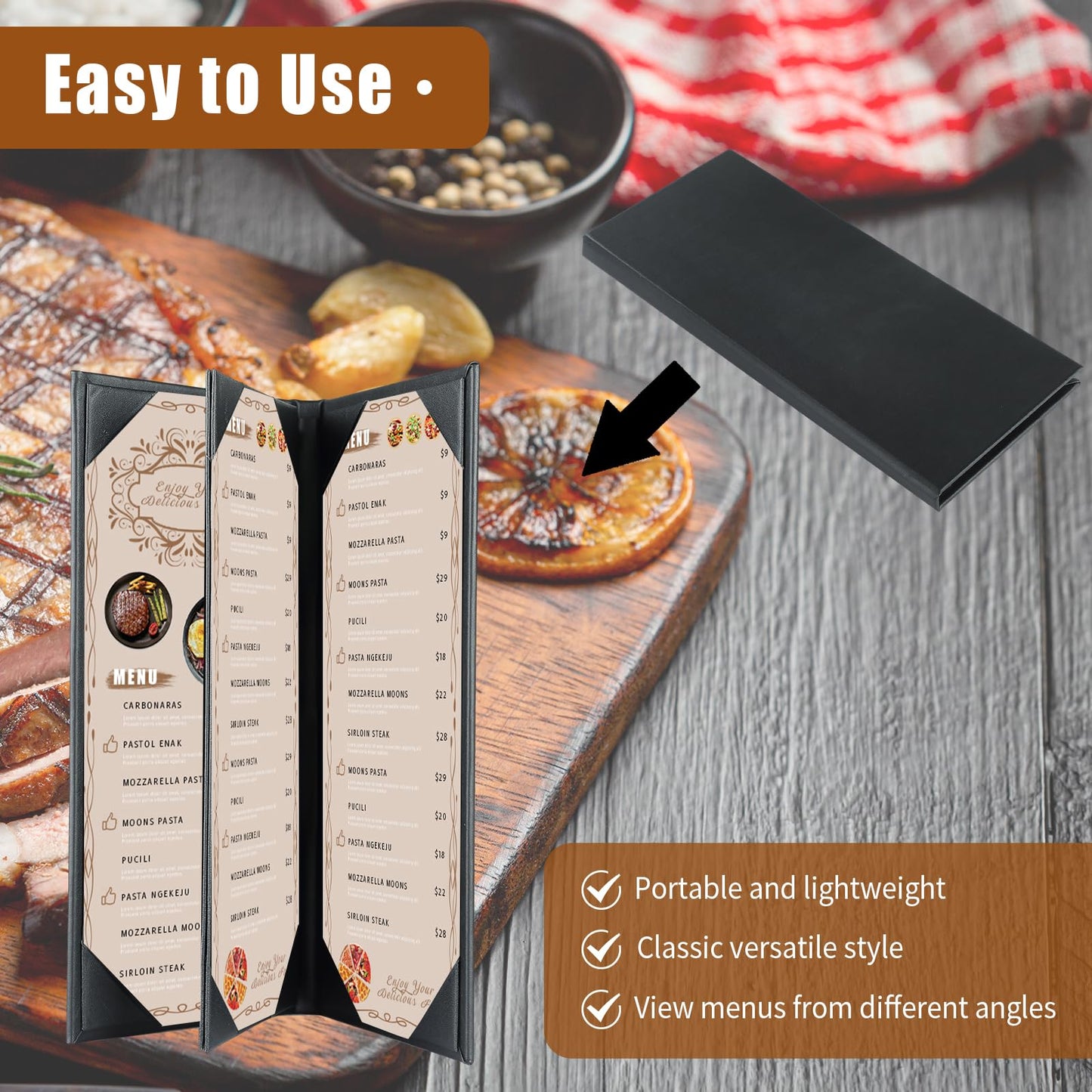 FLKQC Restaurant Menu Covers Holders 4.25" x 11" | Pack of 10 Synthetic Leather Triple Fold Panels 4 View Angled Corners Black for Wine List, Drinks (10, Triple Fold Panels 4 View (4.25 x 11 inch))