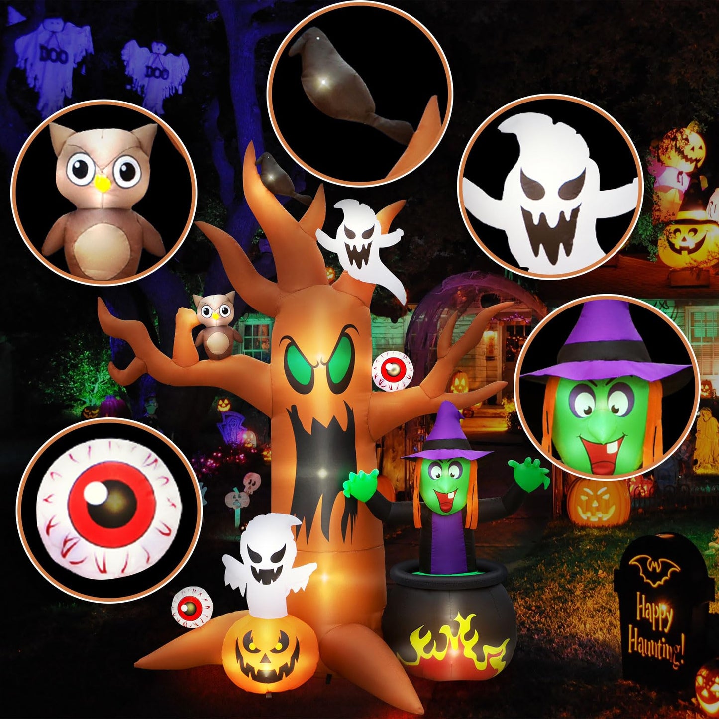 8FT Halloween Inflatables Tree Outdoor Decor with Inflatable Ghost Witch Pumpkins Blow Up Yard Decorations with LED Lights Owl Eyeballs Outside Lawn Party Decor