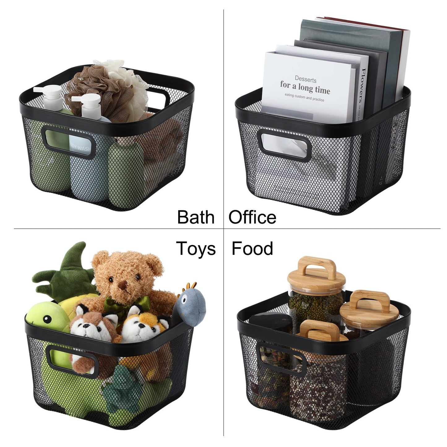 MorningRo 4 Pack Metal Mesh Steel Basket with Hollow Handles Square Wire Mesh Open Bin Fruit Storage Basket for Kitchen Bathroom Picnic Shopping Cabinet Home Items (Large,Black)