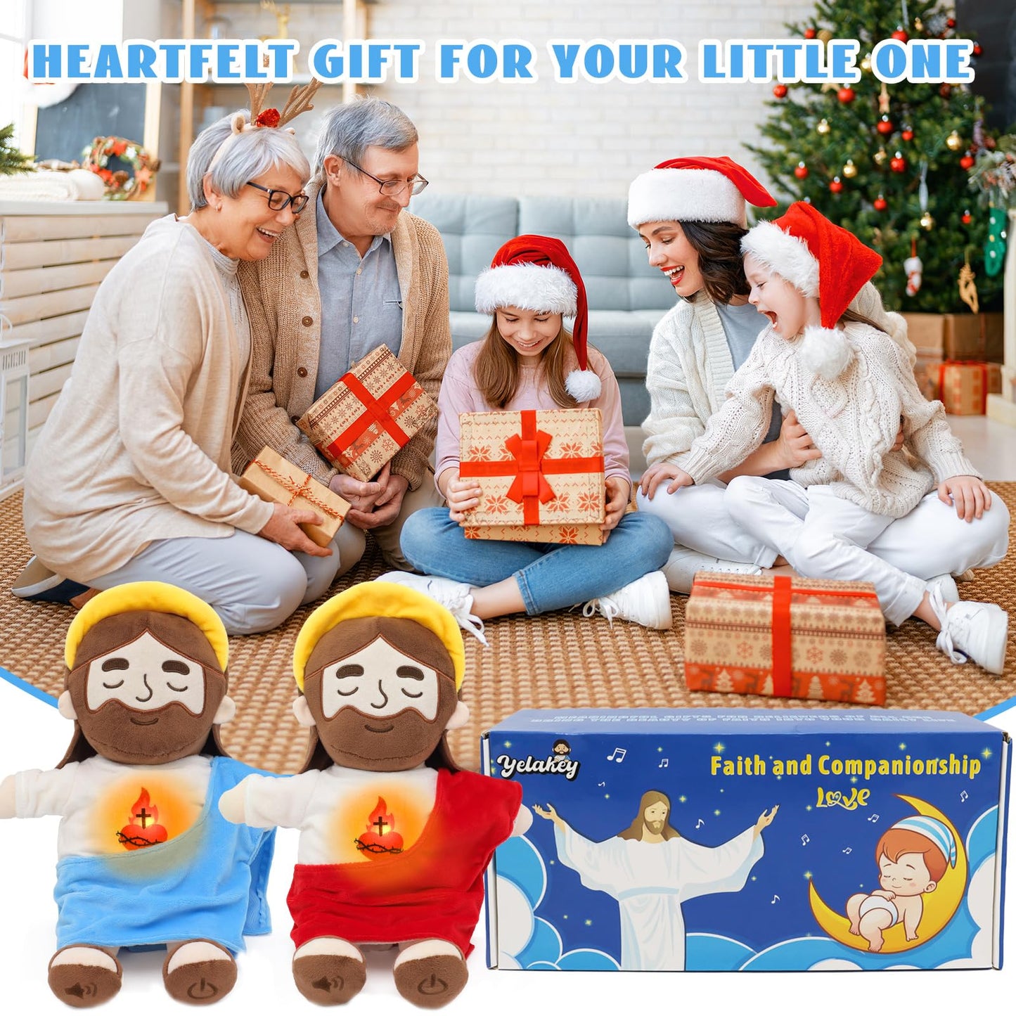Yelakey - Calming Jesus Plush Toys with Light and Sound, Jesus Breathe Plush Doll with Stuffed Animals, Religious Christian Catholic, Christmas Easter Gifts for