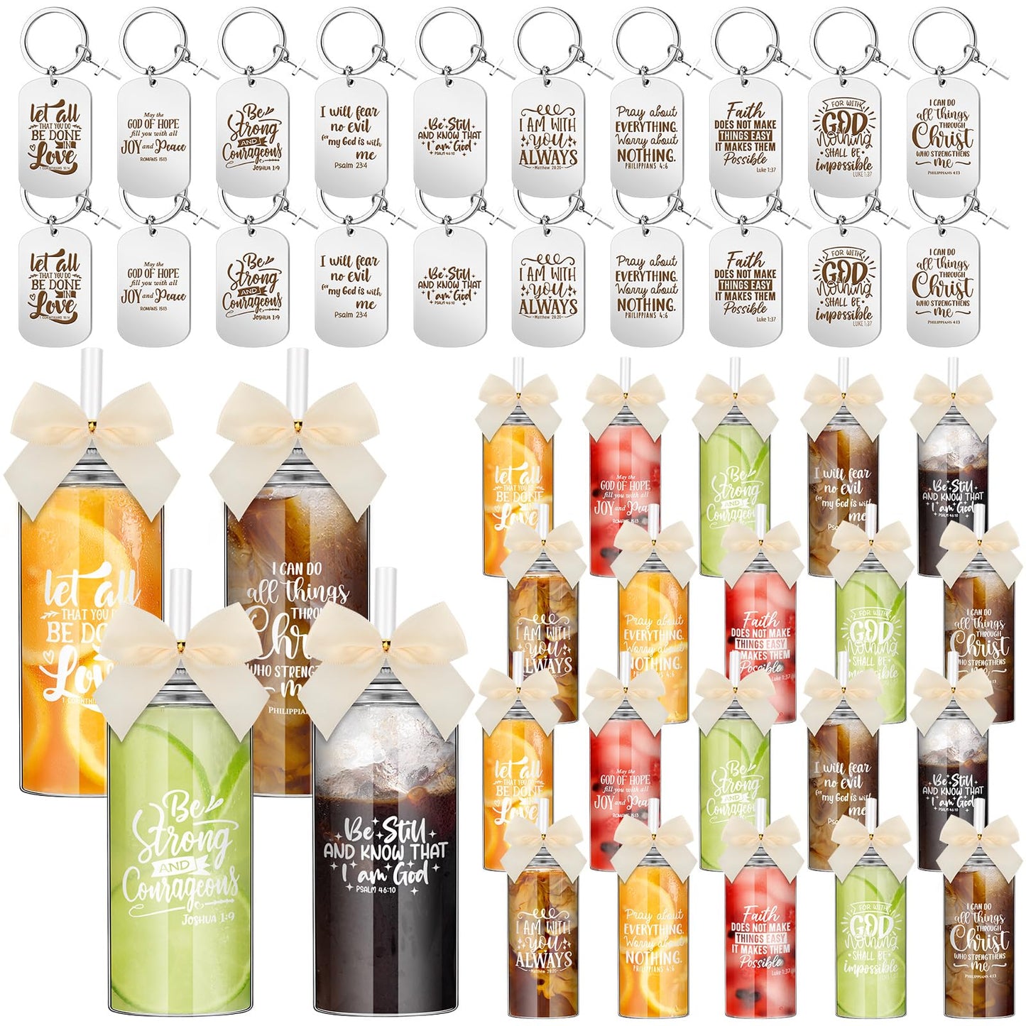Skylety 20 Set Inspirational Christian Gift Bible Verse Tumbler Bulk 20 Pcs 13.5 oz Christmas in July Plastic Cups with Lid Religious Skinny Tumblers 20 Pcs Keychain Gifts for Back to School Church