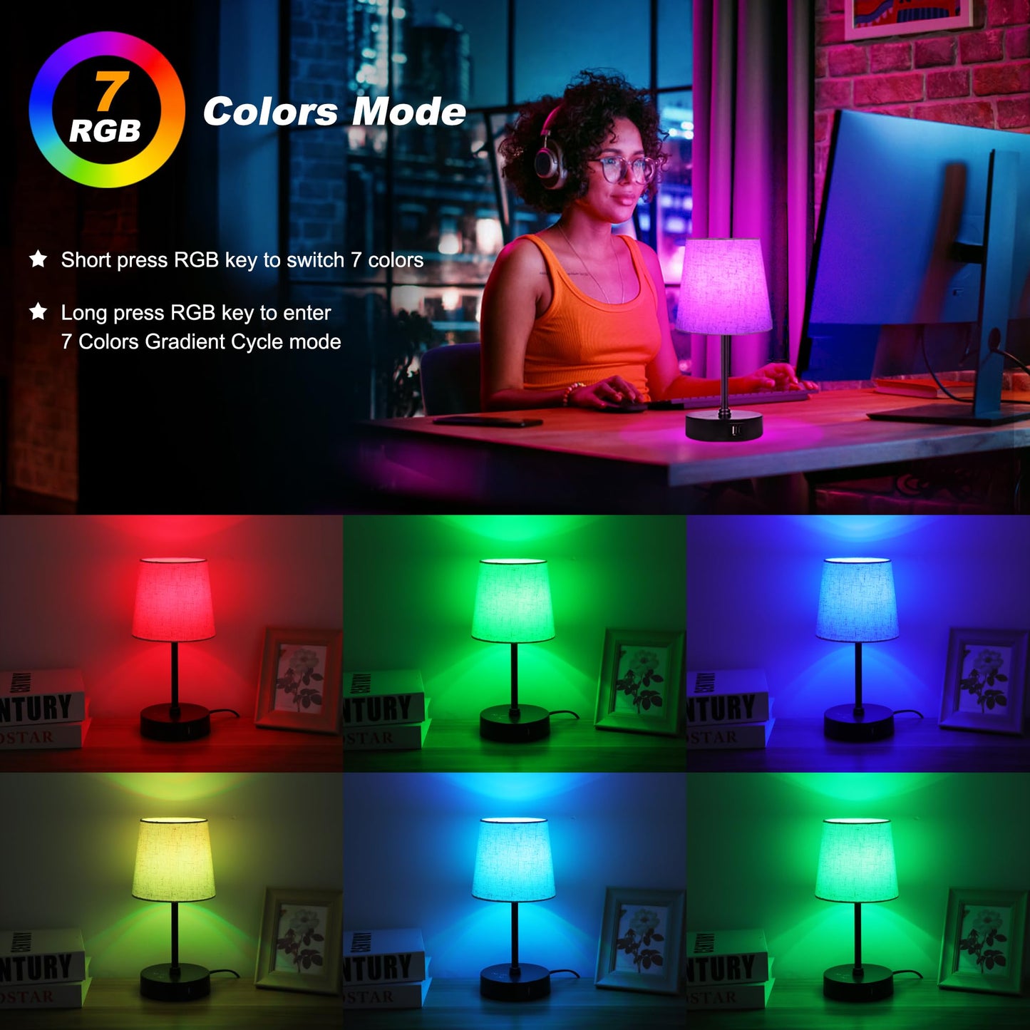 Ascher Small Bedside Table lamp Set of 2, RGB Color Changing Lamps, 3 Color Temperatures, Dimmable Nightstand Lamp with USB C+A Ports, Touch Desk Lamp for Bedroom Living Room, H11.4in(Flaxen Shade)