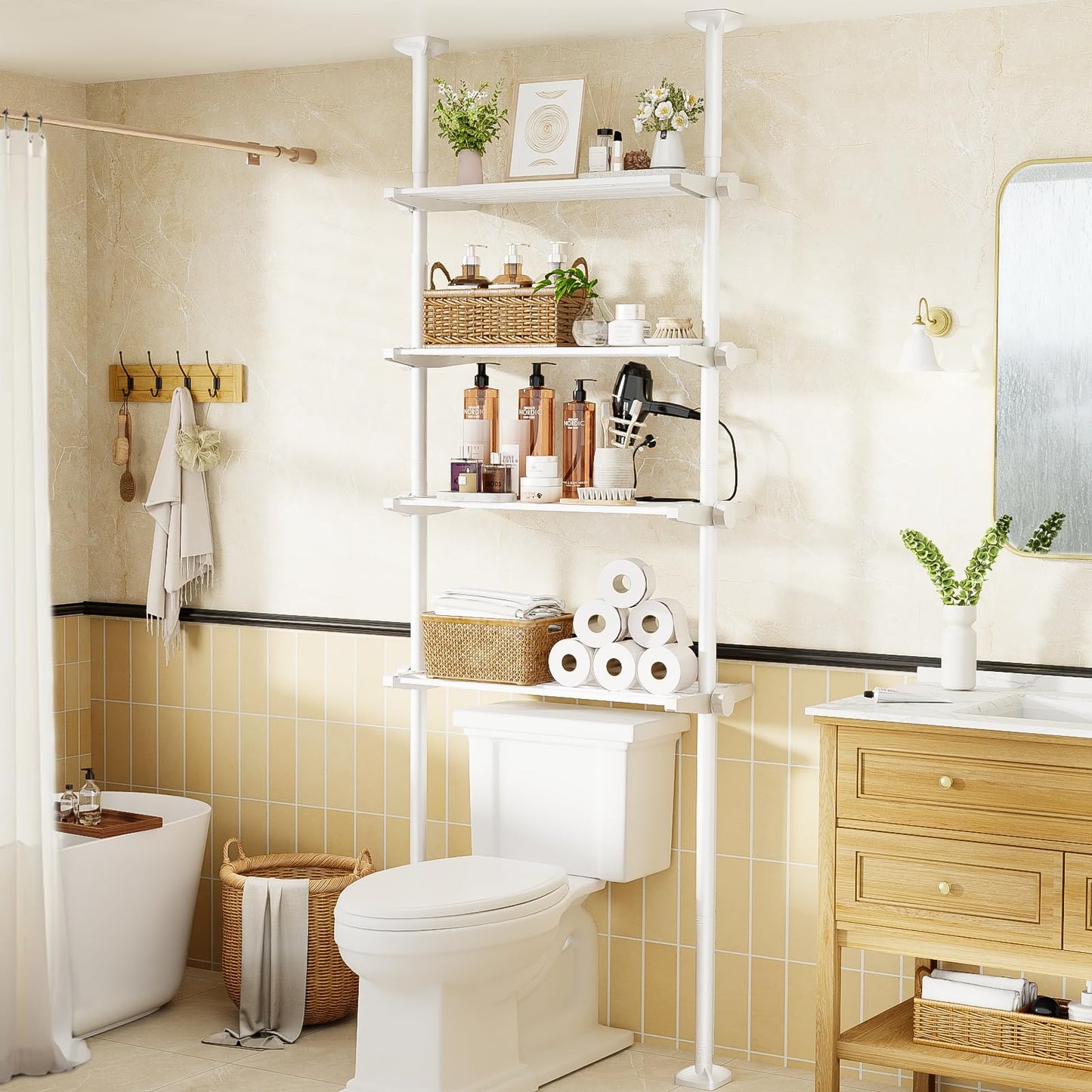 Bonpally Over The Toilet Storage Shelf, 4-Tier Adjustable Bathroom Organizer, No Drill Tension Mounted Shelves Metal, Space-Saving Bathroom Cabinet Rack Above Toilet for Small Bathroom Rooms, White