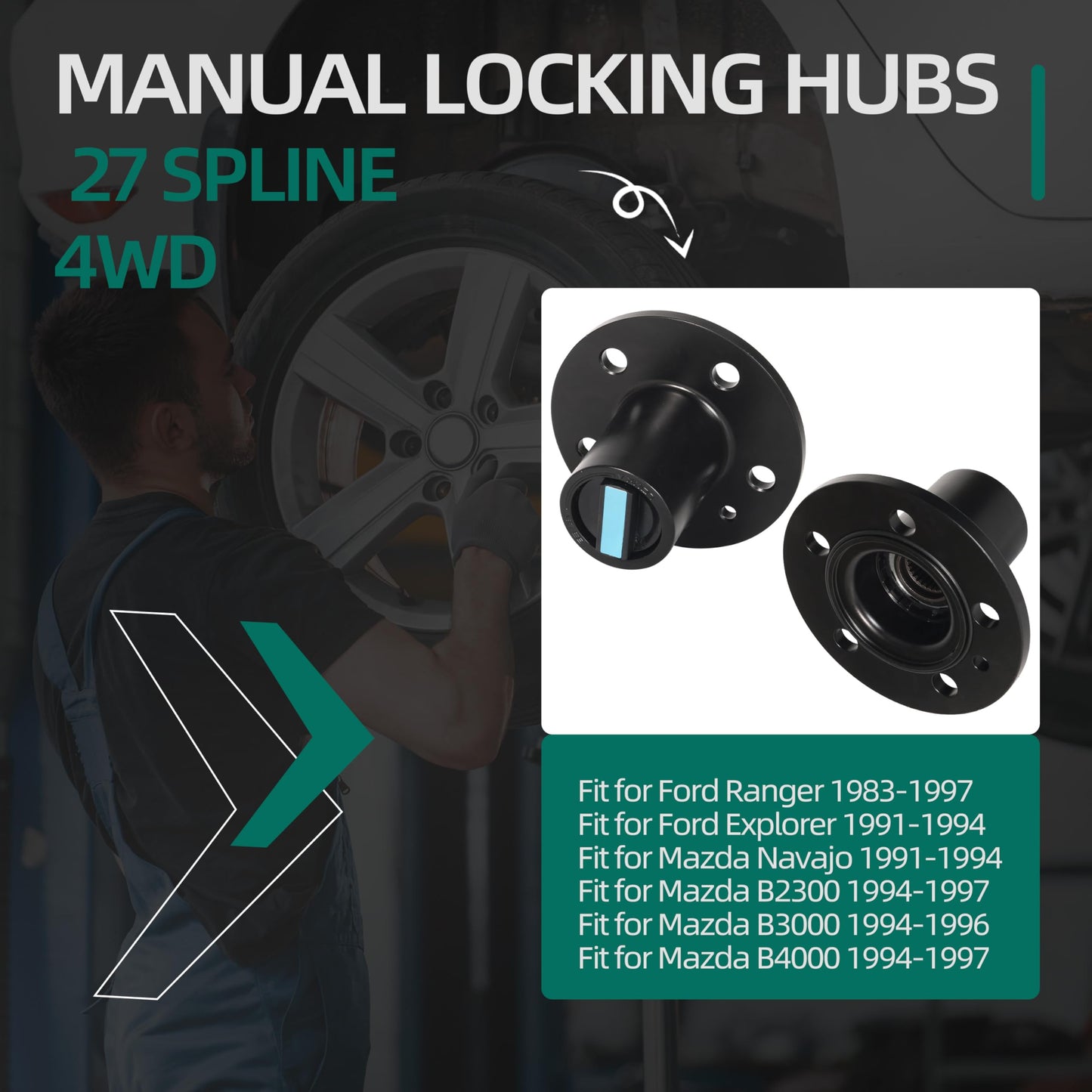 2PCS (428) Locking Hubs 4WD Fit for Ford Ranger 1983-1997, Fit for Ford Explorer Fit for Mazda Navajo 1991-1994, Fit for Mazda B2300 B3000 B4000 1994-1996, 27 Spline Front Locking Hub# 29071