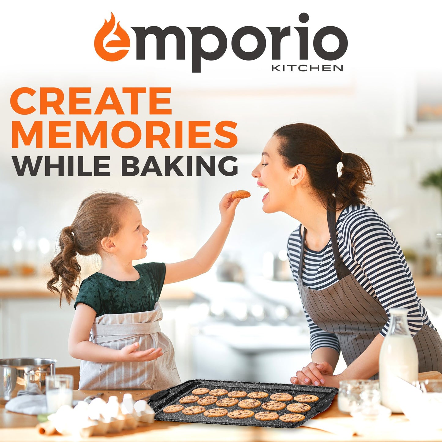 Emporio Kitchen Baking Pan Set - Nonstick Coating, Carbon Steel Bakeware Set with Gray Silicone Handles, PFOA, PFOS, PTFE Free, Recipe Booklet Included, Oven Safe Tray (Up To 450° F), Set of 25 - Gray