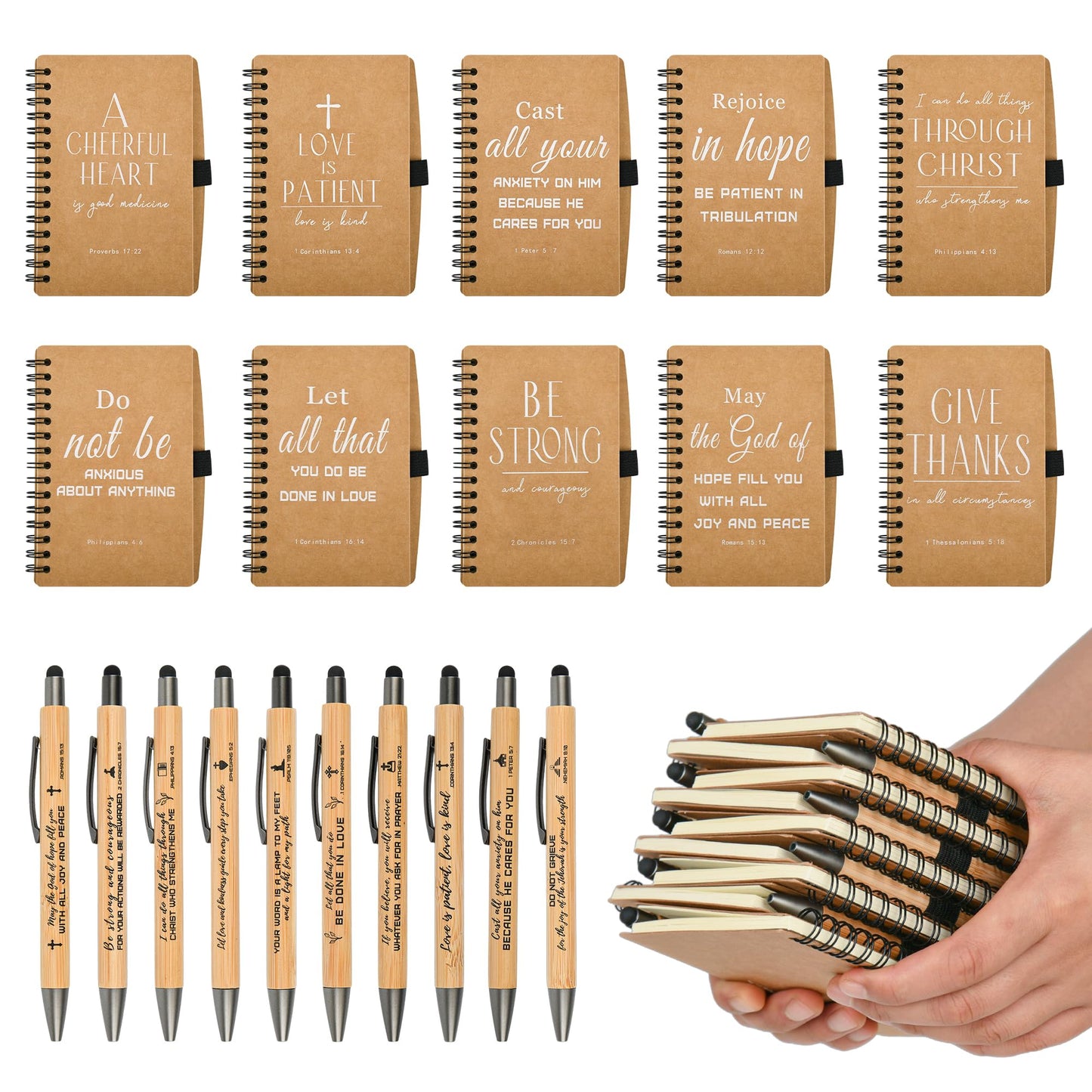 INSADA Christian Prayer Journal Spiral Notebooks Bulk with Pens - Small Lined Notepads (4.13”x5.43”) - Father Day Gifts for Women,Church Members & Bible Study Groups (30 sets Brown)
