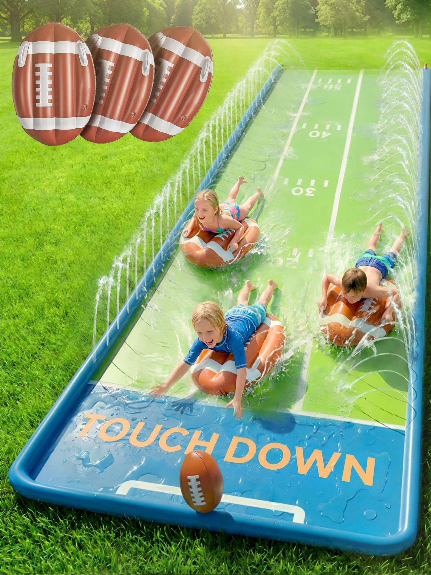 Funscape Kids Backyard Triple Water Slide 20ft Water Slide with 3 Body Boards Inflatable Football Outdoor Lawn Slip and Slider Yard Game with Splash Summer Fun Family Party Gift for Boys Girls