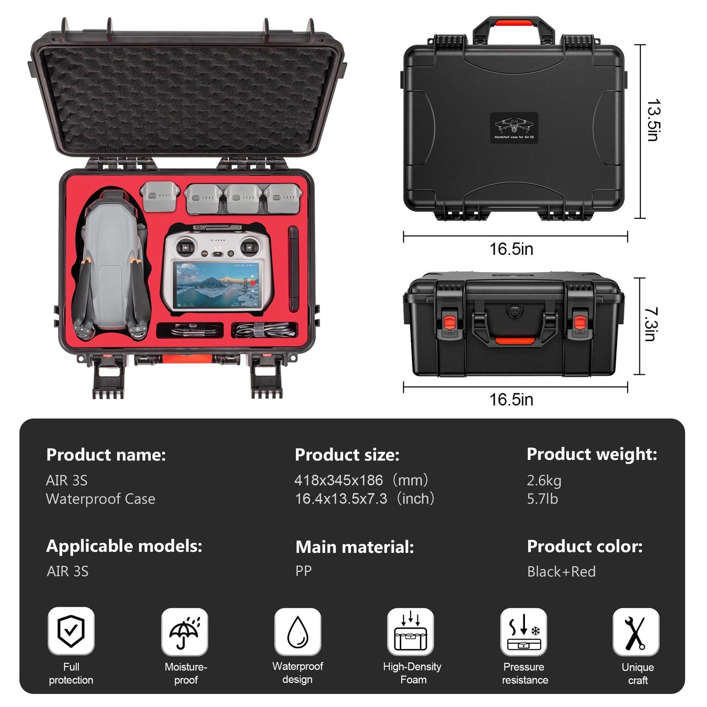 STARTRC Air 3S Case, Waterproof Carrying Hard Case for DJI Fly More Combo, Compatible With Accessories, RC 2/RC/RC-N3/N2 Controller, Charging Hub