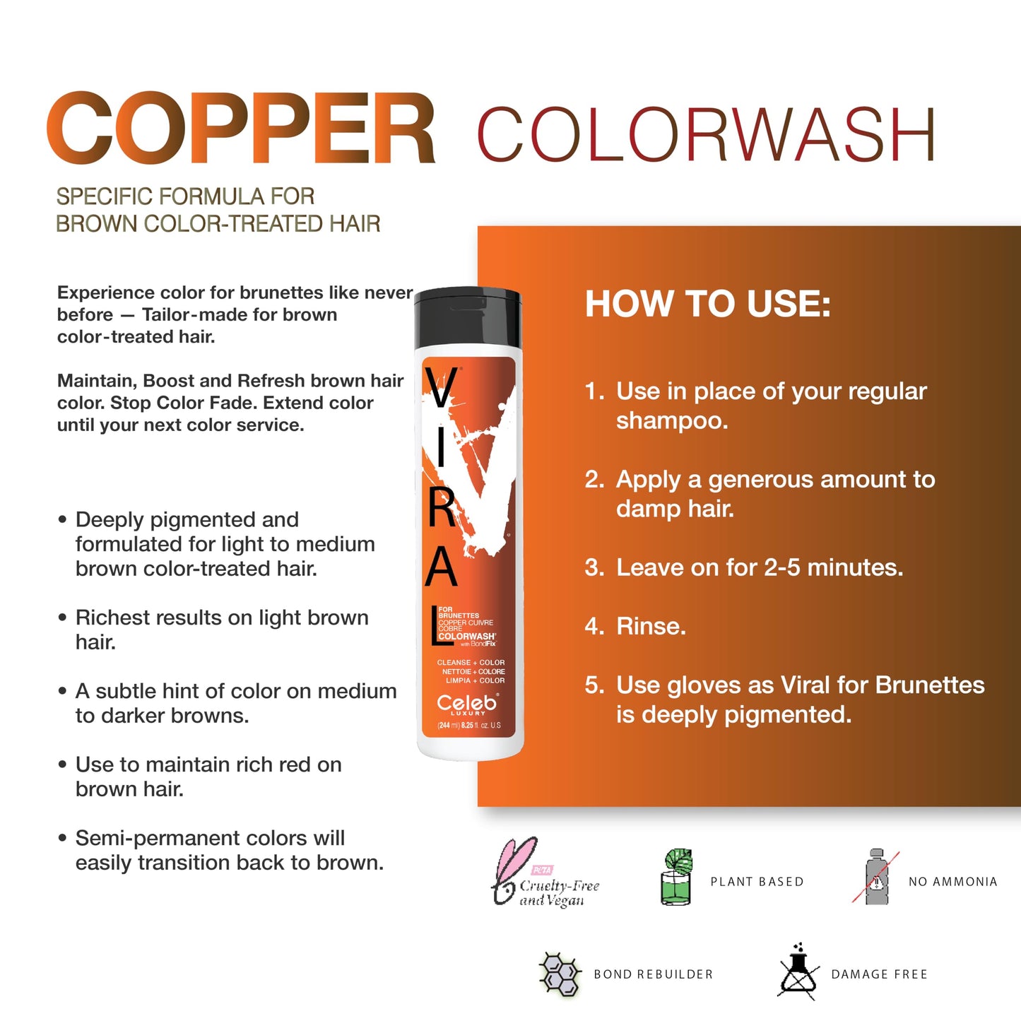 Celeb Luxury Copper Hair Color Depositing Colorwash Shampoo for Brunettes, Maintains & Refreshes Auburn Hair Color
