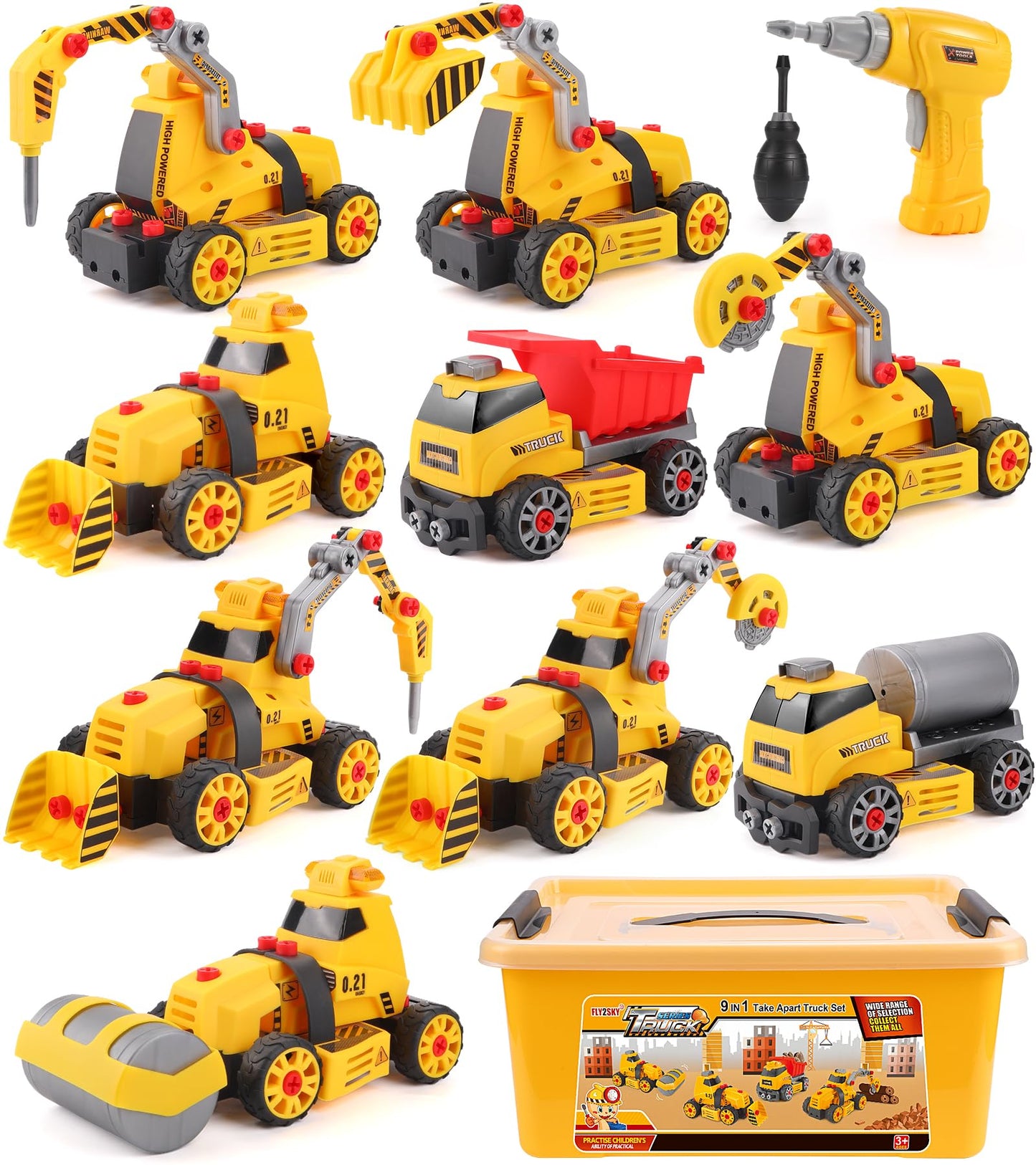 FLY2SKY Take Apart Toys with Electric Drill Truck Construction Set DIY Engineering Building Toy Push Go STEM Toy (9 in 3 Take Apart Toys)