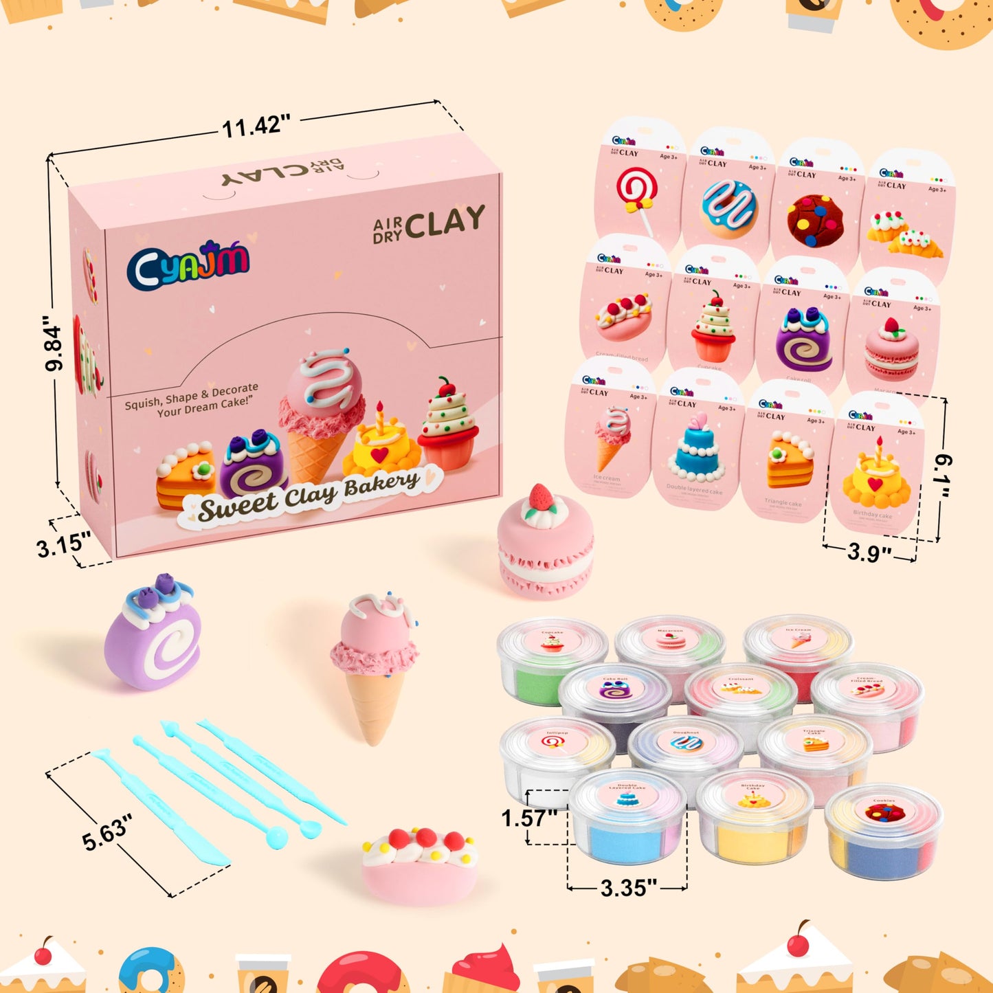 Cyajm Air Dry Clay Sweet Bakery Kit - 12 Dessert Themed Individual Clay Packs, Non-Toxic Ultra-Light Air Drying Modeling Clay with Tools & Guide, DIY Craft Gift for Kids Boys Girls Ages 3+