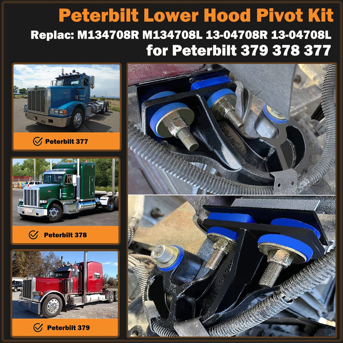 for Peterbilt Lower Hood Pivot Kit & Hinge Bolt & Bushing Bracket Kit for 377 378 379 - Replac:13-04708R 13-04708L 13-04154 13-04164