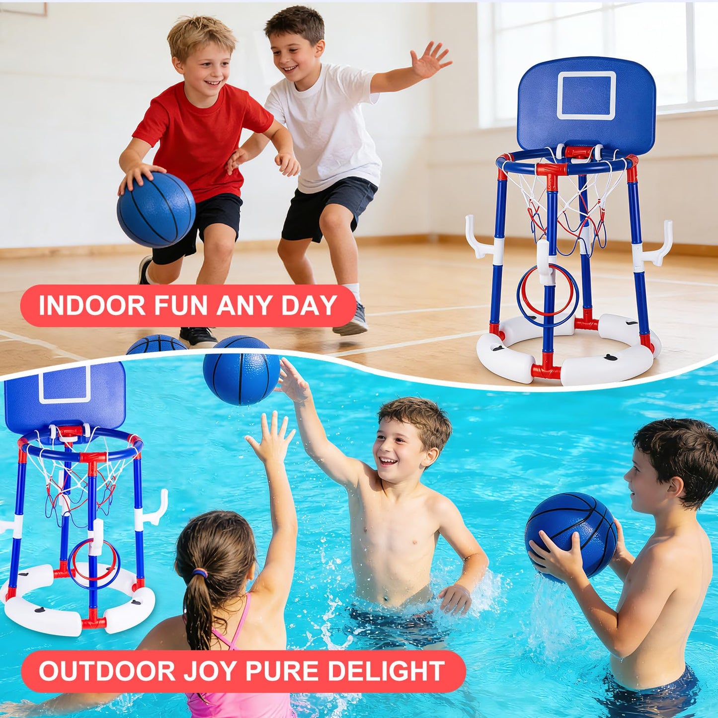 EXCECAR 2-in-1 Floating Pool Basketball Hoop Set,Blue Swimming Pool Basketball Hoop with Backboard,Stable Water Basketball Hoop for Pool Party Fun & Outdoor Family Games