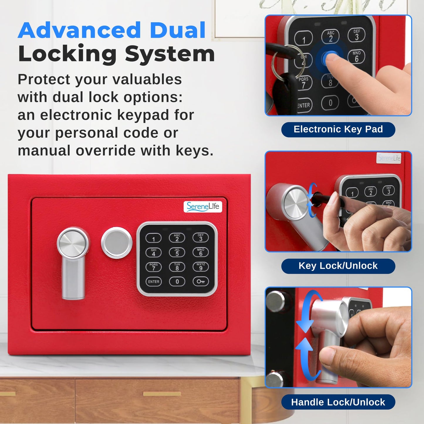 SereneLife Premium Steel Digital Safe Box - 9.1" x 6.7" x 6.7" | Secure Storage for Cash, Firearms & Jewelry | Great For Hotels, Cabinets & Home Use | Electronic & Mechanical Access | 2 Keys | Red