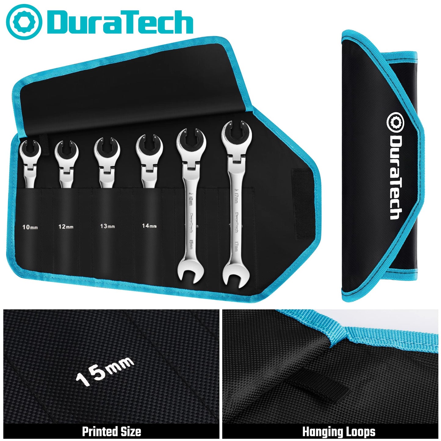 DURATECH 6-Piece Ratcheting Wrench Set with Open Flex-head, Metric Ratcheting Tubing Wrench Set, 10-17mm, 72-Tooth Gear, CR-V Steel, with Organizer Bag, Gifts for Men