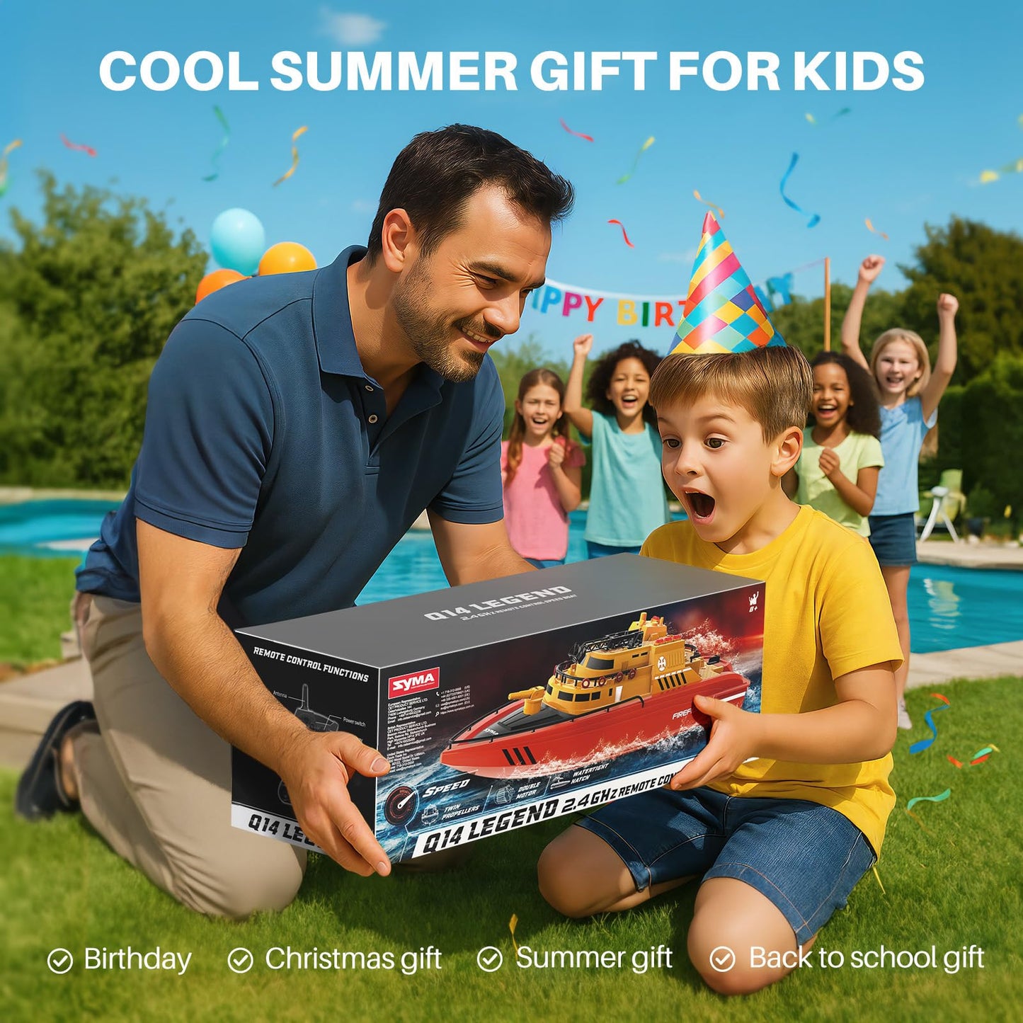 SYMA Remote Control Boat, Big RC Boat Firefighter for Kids 8-12 with 40 Mins Run Time (2 Batteries), One-Key Water Spary, 15 km/h High Speed and Low Battery Warning, Pool Toys for Boys Girls