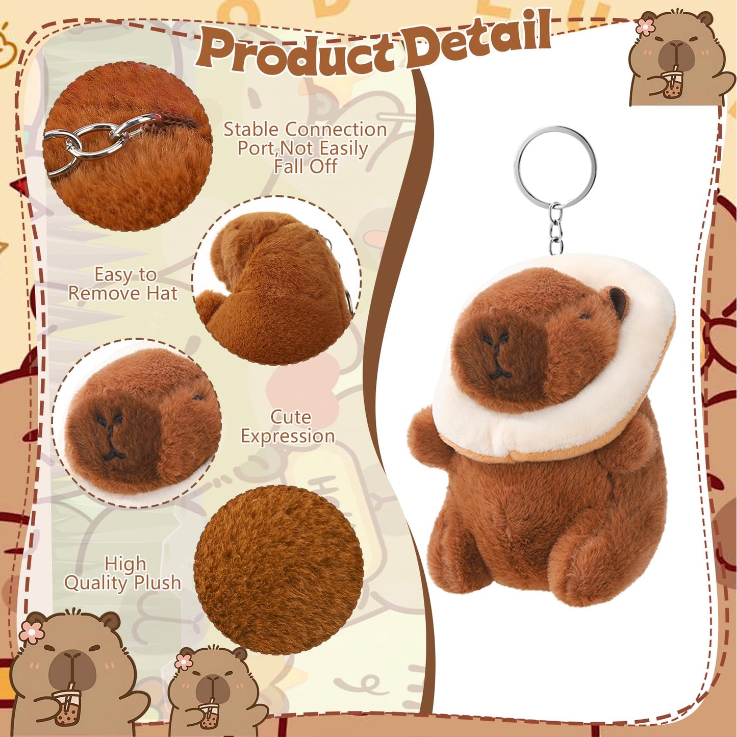Guiqulai 9 Piece Capybara Plush Keychain Set, Cute Animal Keychains with Turtle Strawberry Hat Bread Outfits for Backpack Gifts
