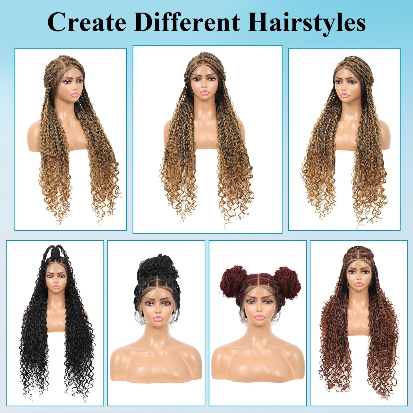 Olymei 360° HD Full Lace Braided Wigs Boho Braided Wigs Square Knotless Braided Wigs for Women Box Braid Wig with Curly End Braided Lace Front Wigs with Baby Hair Human Hair Blended 36" Light Brown