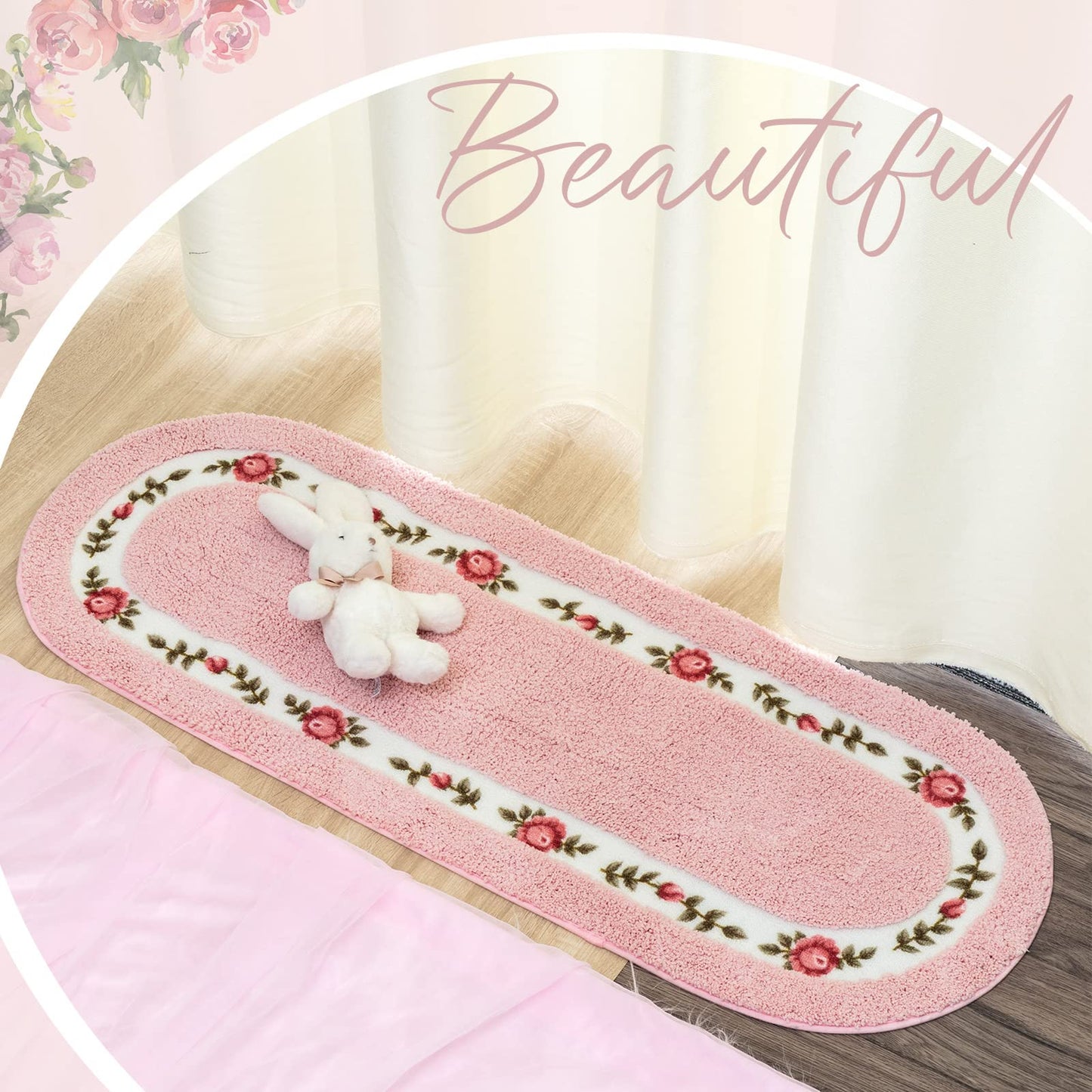 Timgle 4 Pcs Rose Flowers Coquette Bathroom Rugs Set Coquette Doom Decor Rose Flower Area Rugs Non Slip Absorbent Washable Door Mat Floral Bathroom Carpet for Home Hotel, 4 Shapes(Pink)