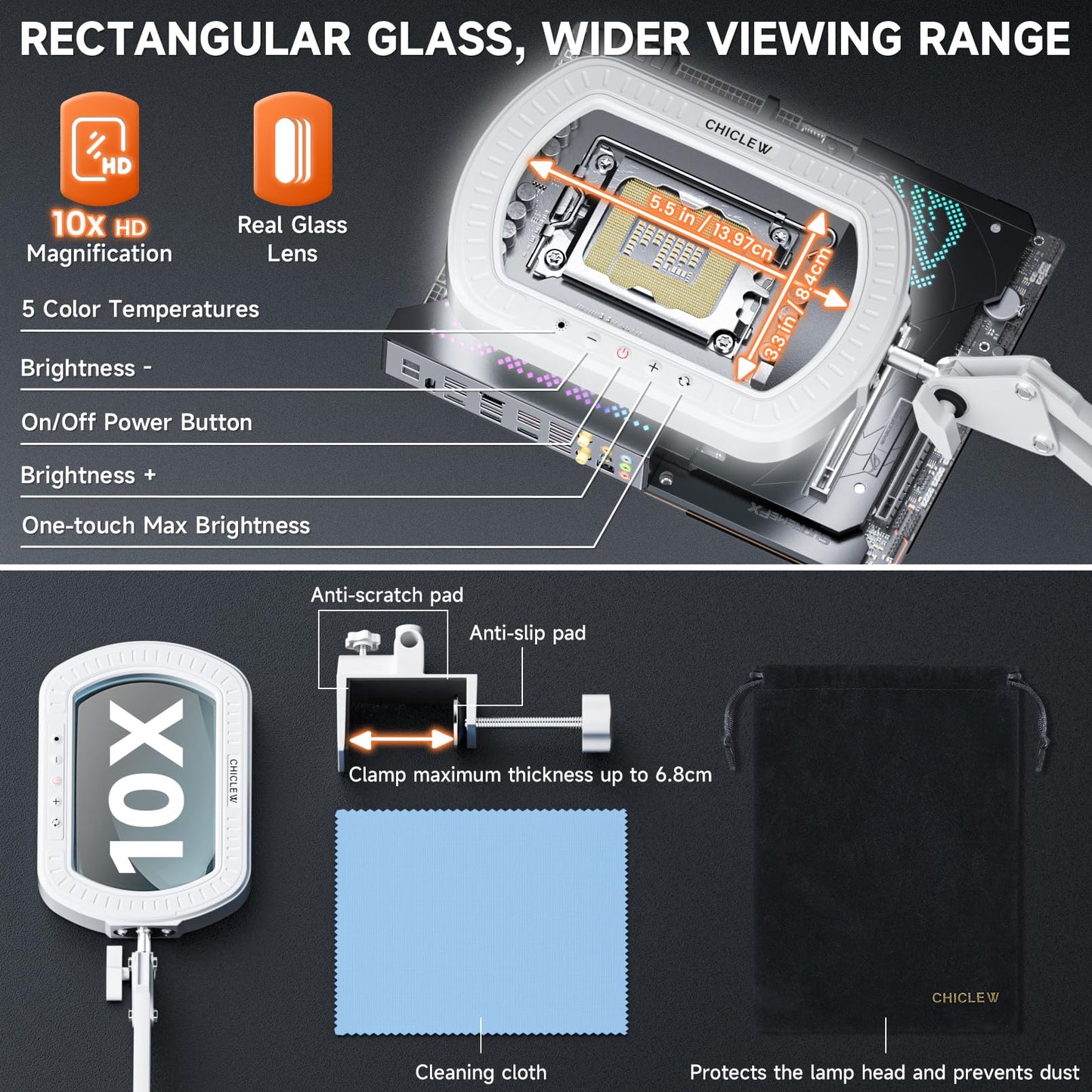 10X Square Magnifying Glass with Light, 3 Arms Table Lighted Magnifying Glasses Lamp with Clamp Hands Free for Reading Crafts Jewelry Repair Painting Close Work Hobbies, 5 Colors 10 Brightness