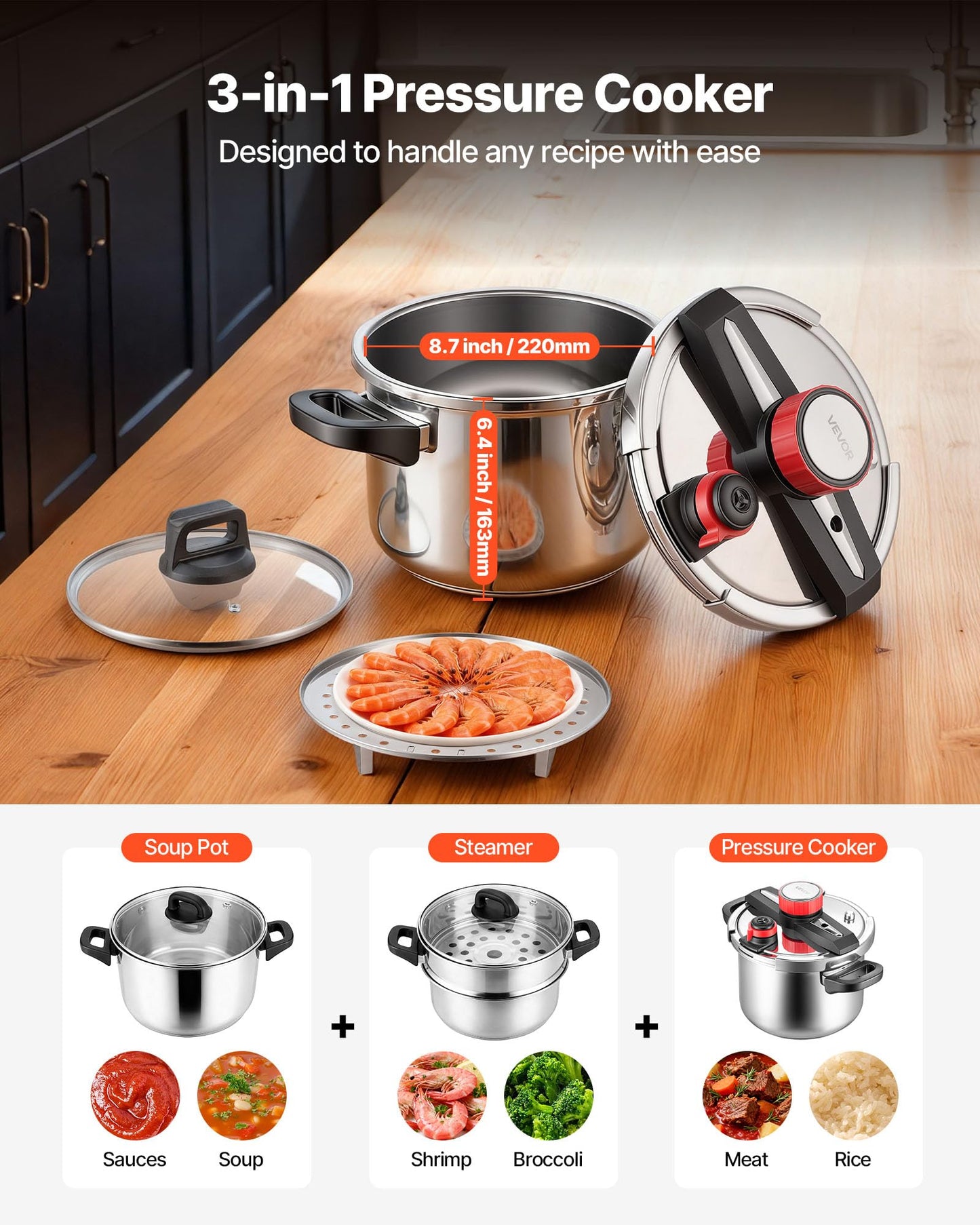 VEVOR Pressure Cooker, 6.3Qt Pressure Cooker Stainless Steel, Pressures Canner with Steaming Rack, Tempered Glass Lid, Three Pressures Settings for Meat, Beans, Rice, Soup, Sauces, Cook up to 100 kPa