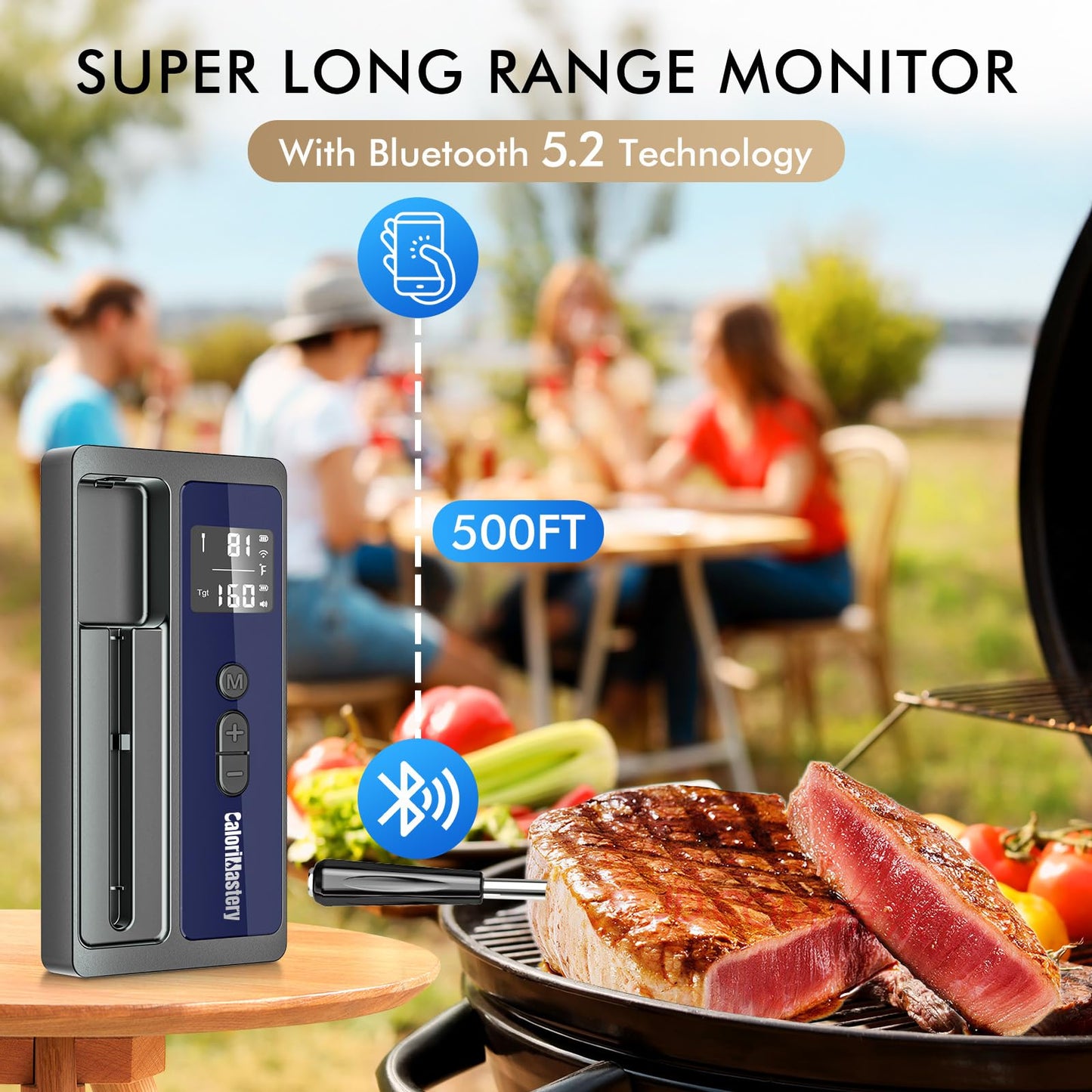 Wireless Meat Thermometer: 500FT Bluetooth Smart Meat Thermometer for Cooking and Grilling, CaloriMastery Digital Food Thermometer with Ultra-Thin Probe for Oven Safe, Kitchen, Smoker, BBQ