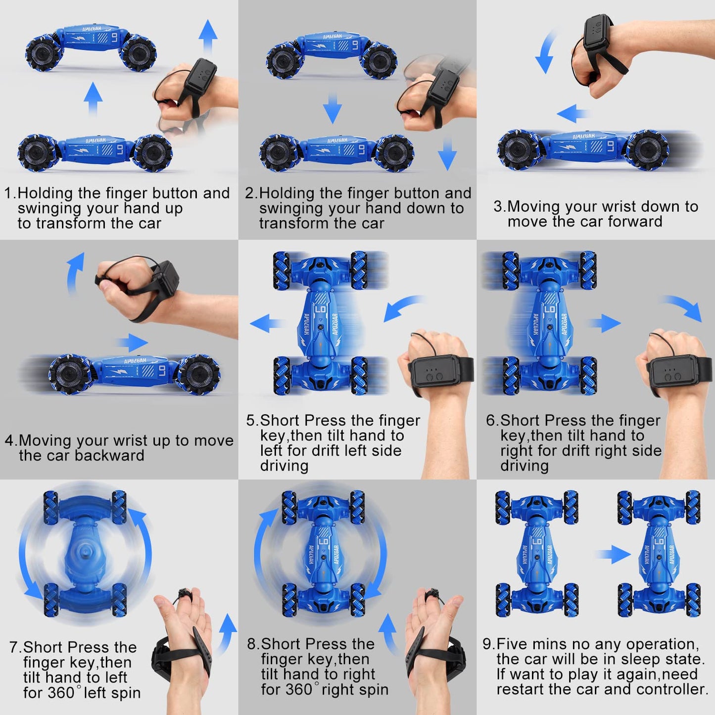 LOOZIX Upgraded Hand Gesture Sensing RC Stunt Car with Lights Music, Spray Drift Hand Gesture RC Car 360° Spins All Terrains Hand Controlled Car Toys for 6 7 8 9 10 Year Old Boys