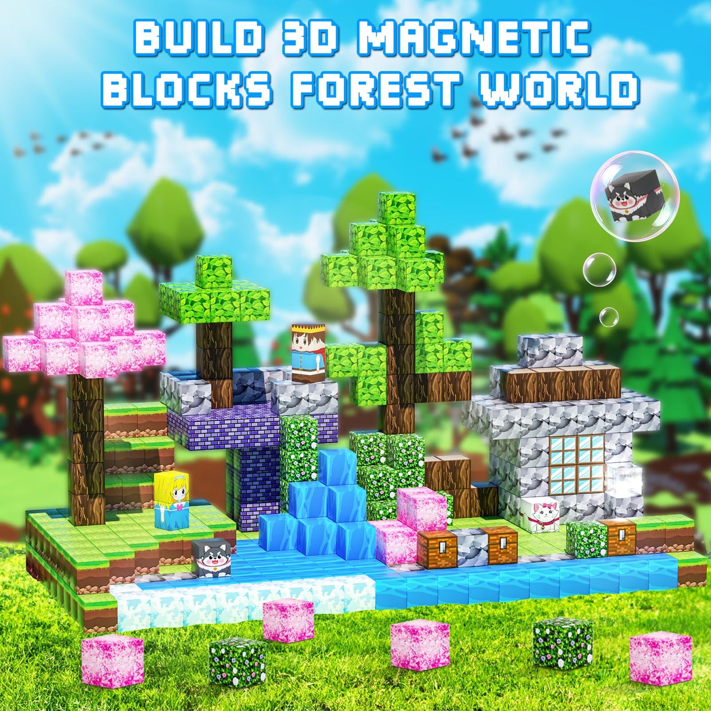 Magnetic Blocks, 108PCS Magnetic Building Blocks for Kids, STEM Build Magnetic Forest World Set for Toddler Birthday Xmas Gifts, Montessori Sensory Toys for Boys Girls Aged 3-12, 1" Magnetic Cubes