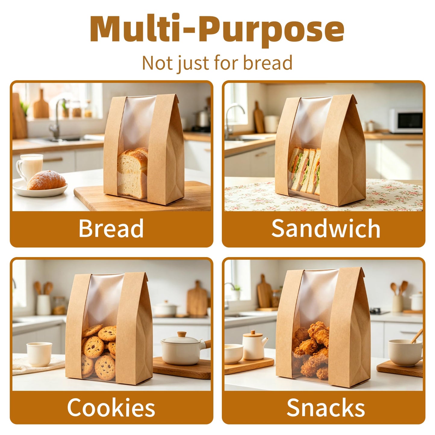 Homrelaxy 240pcs Paper Bread Bags for Homemade Bread, Sourdough Bag with Window, 13.7 x 8.3 x 3.5 Inch Large Brown Kraft Bakery Bags for Storing Loaves & Snacks, Includes 250 Sealing Stickers