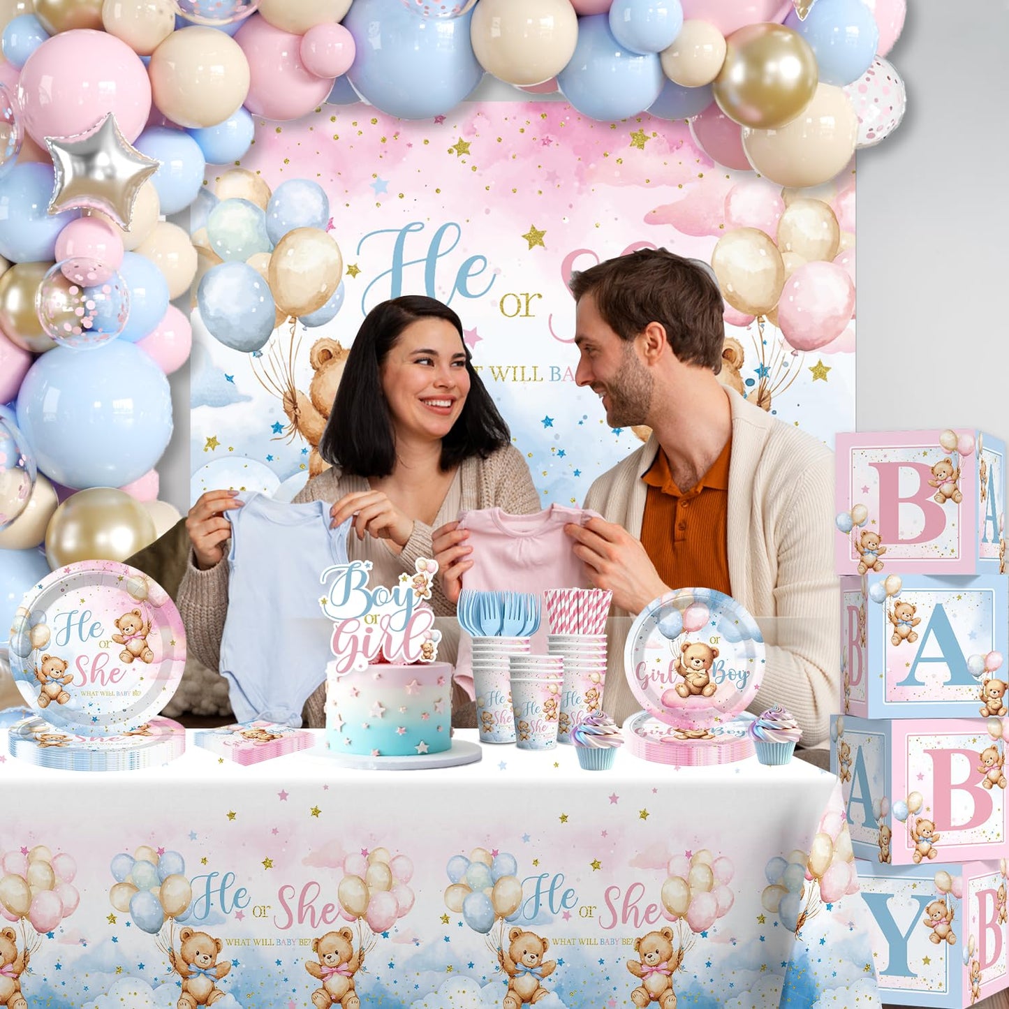 cocomigo 232pcs Bear Gender Reveal Decorations Complete Party Set, Serves 20 Guests, He or She Baby Gender Reveal Decorations, Boy or Girl Revelacion de Sexo de Bebe