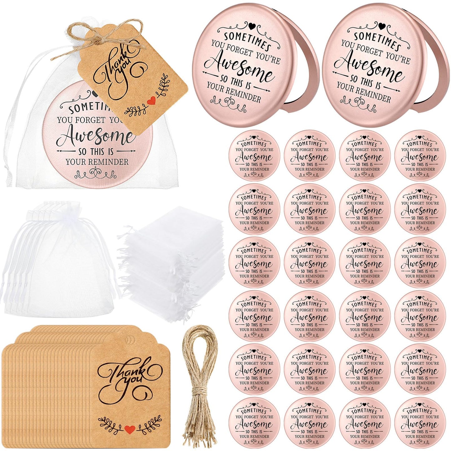 Soaoo 24 Set Sometimes You Forget Your Awesome Mirrors Gifts Bulk for Women Inspirational Appreciation Double Sided Pocket Compact Makeup Mirrors for Employee Coworker Wedding Bridal Shower Gift